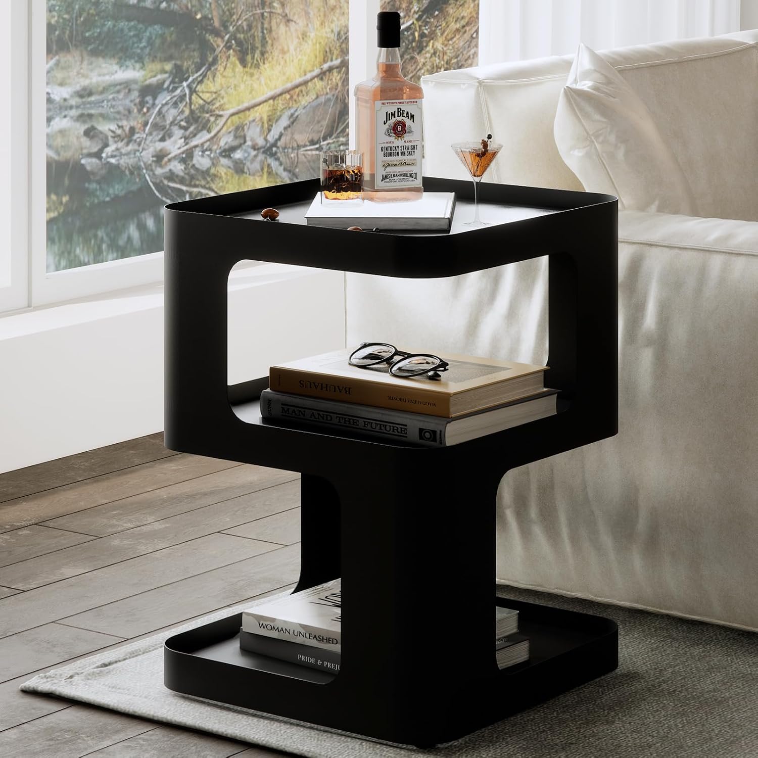 Modern Side Table with Storage for Sofa and Couch, Small End Table for Living Room and Bedroom, Black Metal Nightstand with Open Shelves, No Assembly Required - Image 3
