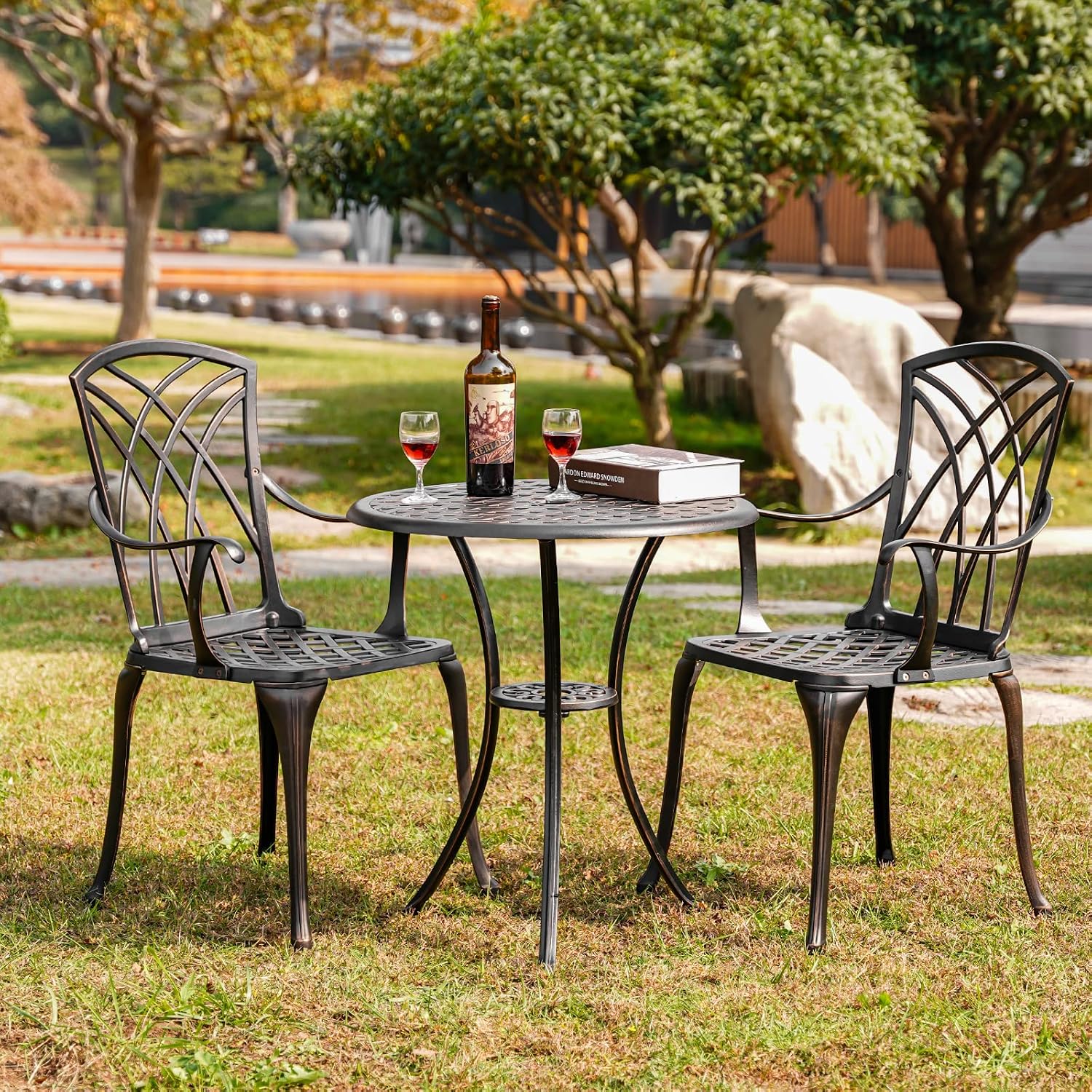 Patio Bistro Set 3 Piece Outdoor,Cast Aluminum Outdoor Bistro Table and Chair Set of 2 with 1.97" Umbrella Hole,All Weather Bistro Table Set for Front Porch Set(Butterfly Black)