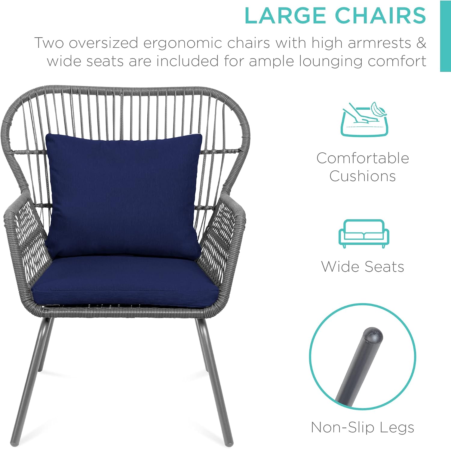 3-Piece Patio Conversation Bistro Set, Outdoor All-Weather Wicker Furniture for Porch, Backyard w/ 2 Wide Ergonomic Chairs, Cushions, Glass Top Side Table - Gray/Navy - Image 3