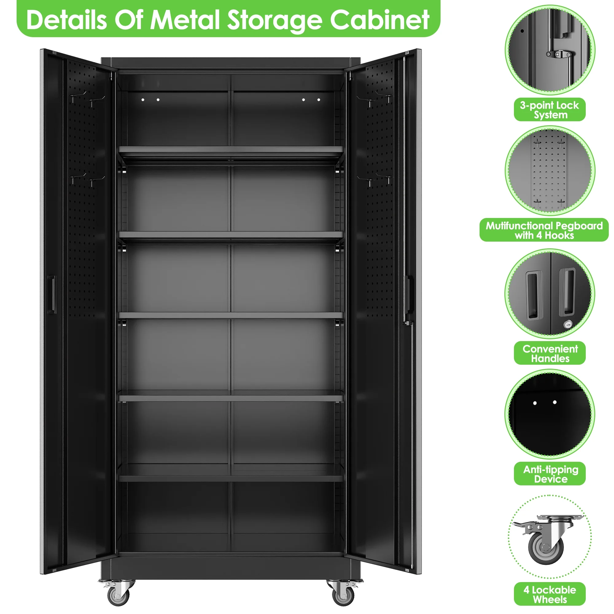 Aobabo Metal Storage Cabinet with Lock,Garage Storage Cabinet with Wheels,72In Steel Storage Cabinet for Garage Home Storage, Black Required-Assembly - Image 12