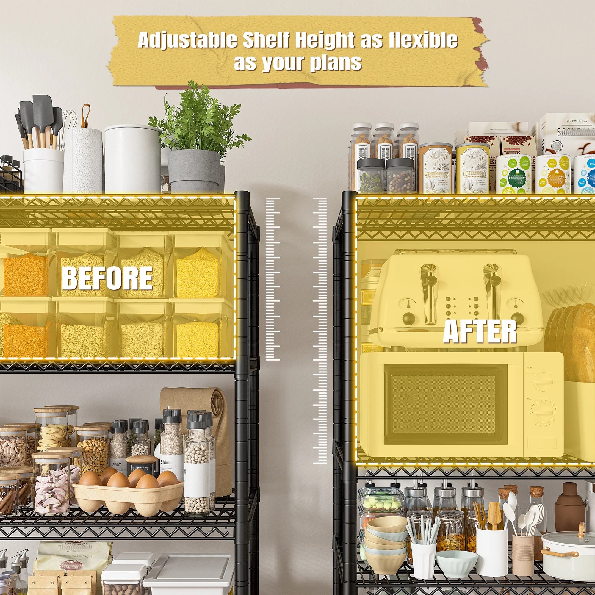 REIBII 85.7"H Storage Shelving Rack 5 Tier Wire Shelves with Wheels 3000Lbs Adjustable Garage Shelving Unit for Kitchen Pantry,55.2"W x 24.2"D - Image 6
