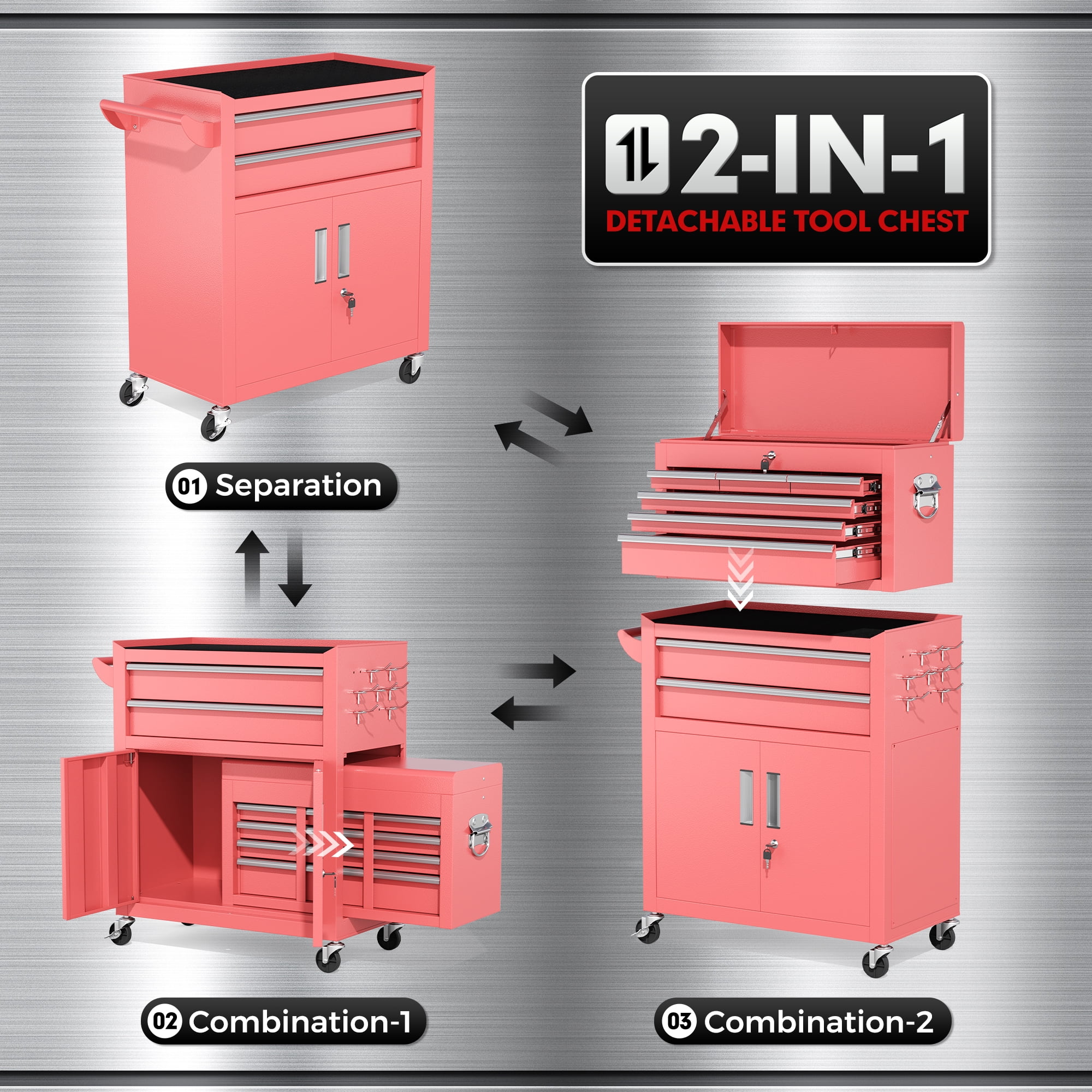 SUNCROWN 2-IN-1 Tool Chest, 8-Drawer Rolling Tool Chest with Hooks and Lockable Wheels,Metal Storage Detachable Top Tool Box with Lockable Wheels for Garage, Workshop, Art Studio(Black) - Image 90