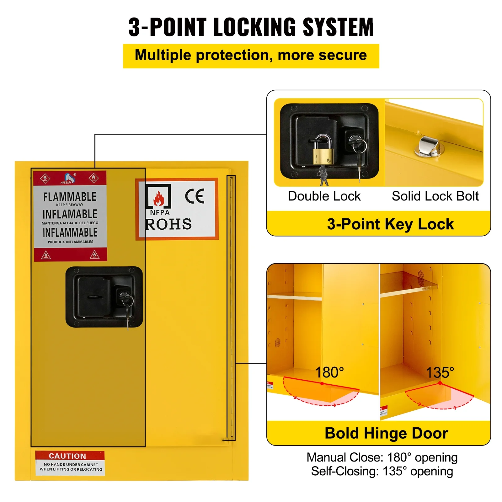 BENTISM Safety Cabinet for Flammable Liquids Single door and Manual Close Yellow Hazardous Storage 43 x 43 x 46CM - Image 7
