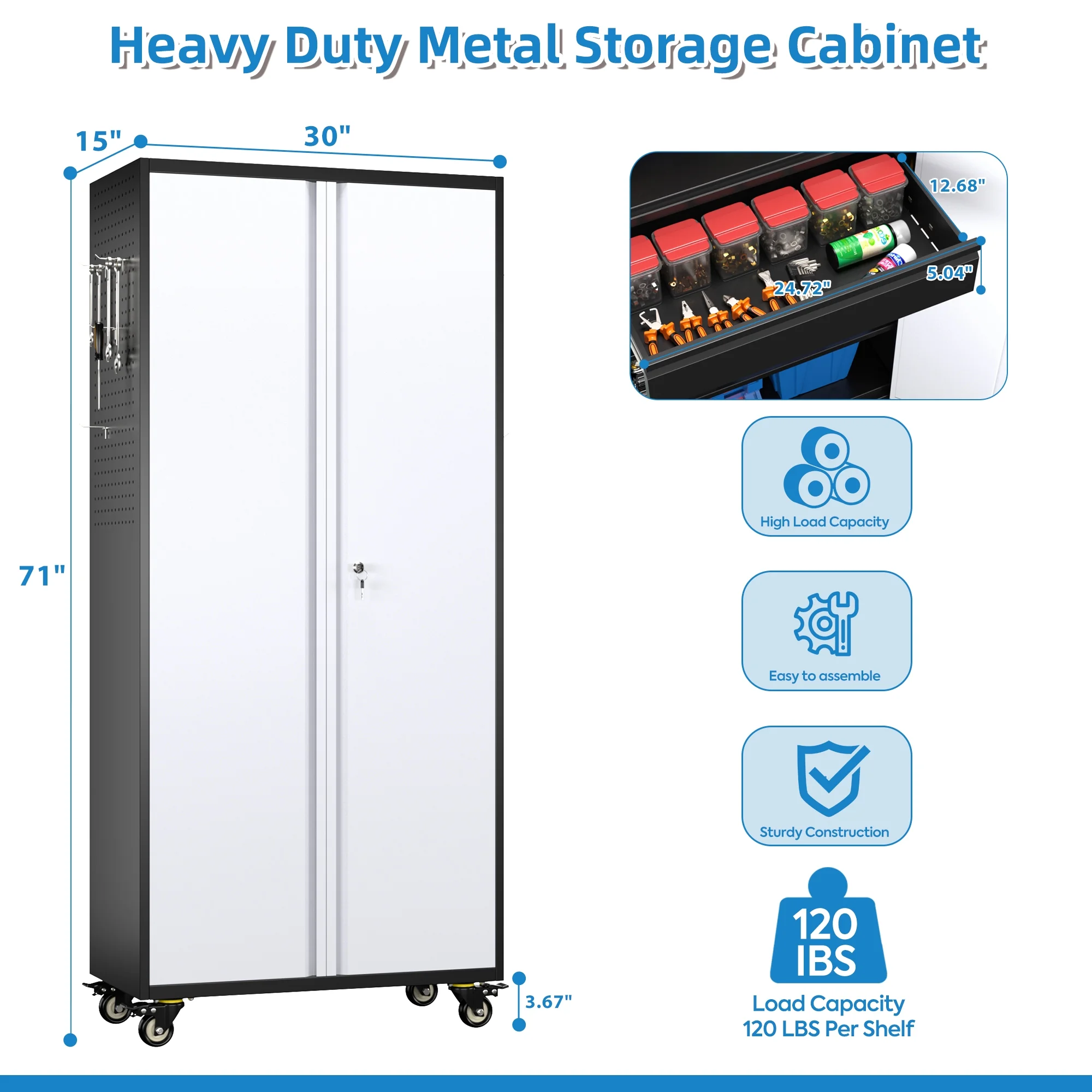SUPEER 71" Metal Storage Cabinets with Wheels and Pegboards, Industrial Cabinet with 2 Drawers and 2 Adjustable Shelves,, Assembly Required - Image 39