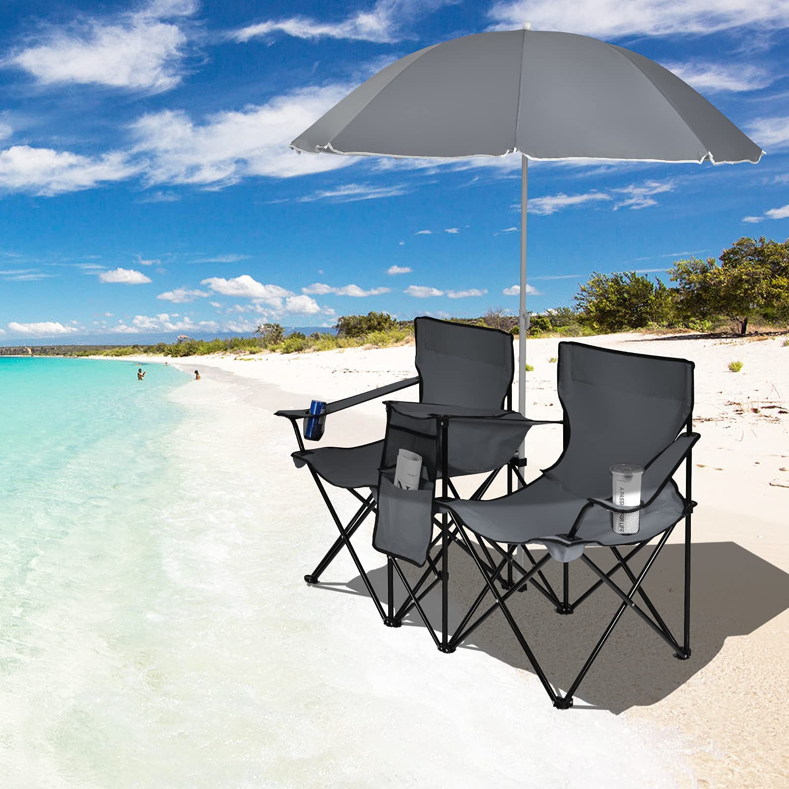 Double Folding Picnic Chairs with Umbrella – Mini Table & Beverage Holder Included - Image 4