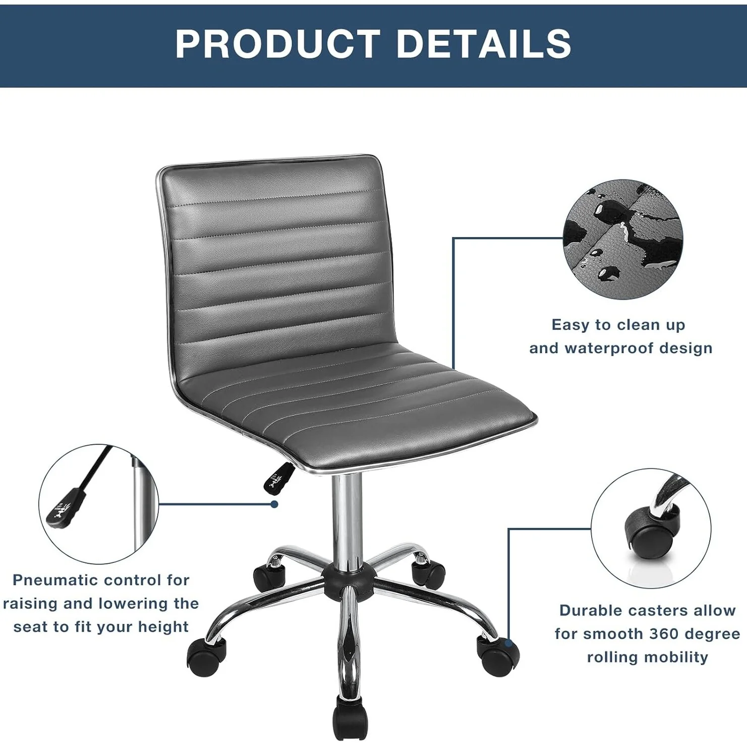 Adjustable Mid-Back Armless Swivel Office Chair, Ribbed Task and Vanity Chair for Small Spaces - Image 8