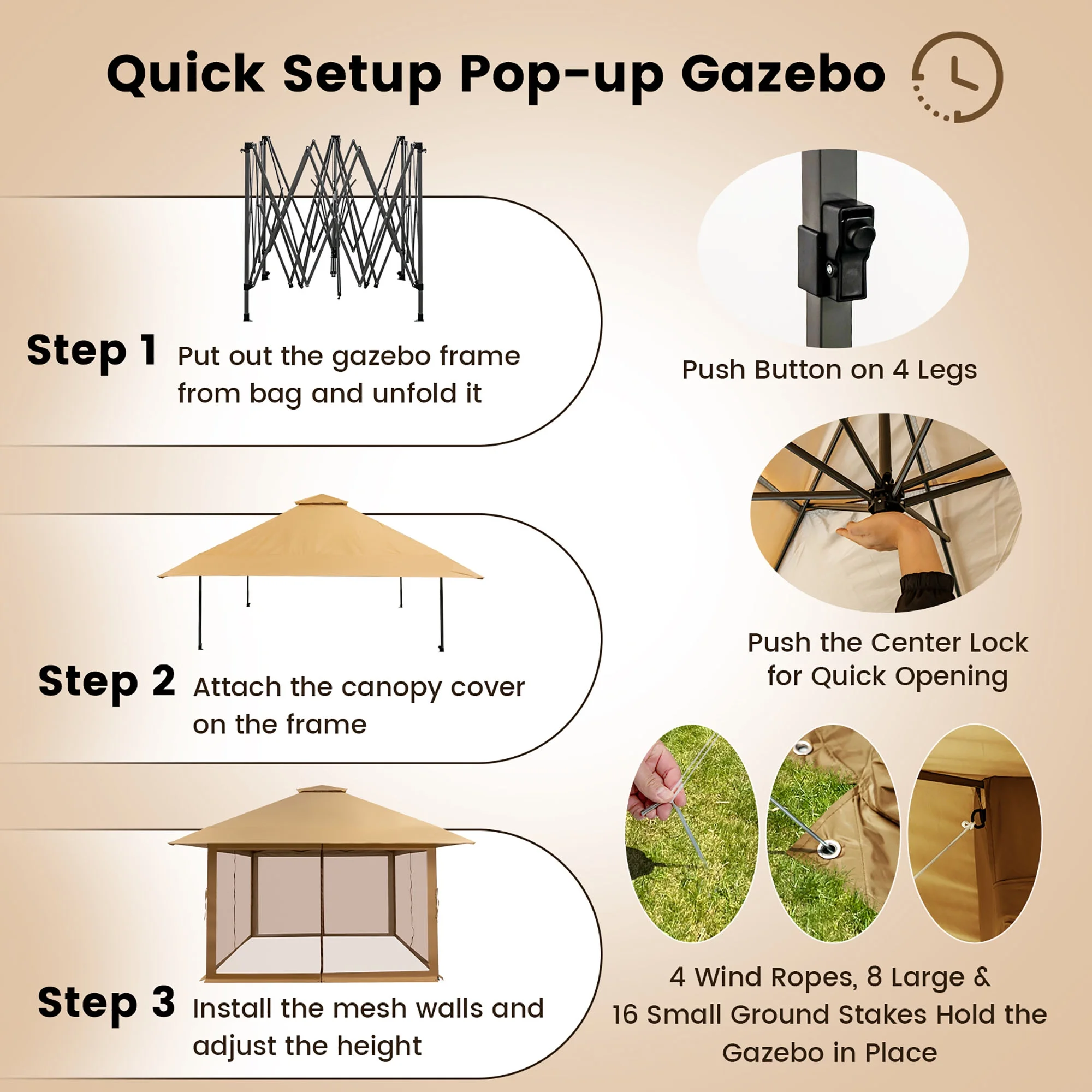 Costway 13x13ft Pop-up Instant Canopy Tent Mesh Sidewall UV50+ Adjust Outdoor Patio Khaki - Image 9