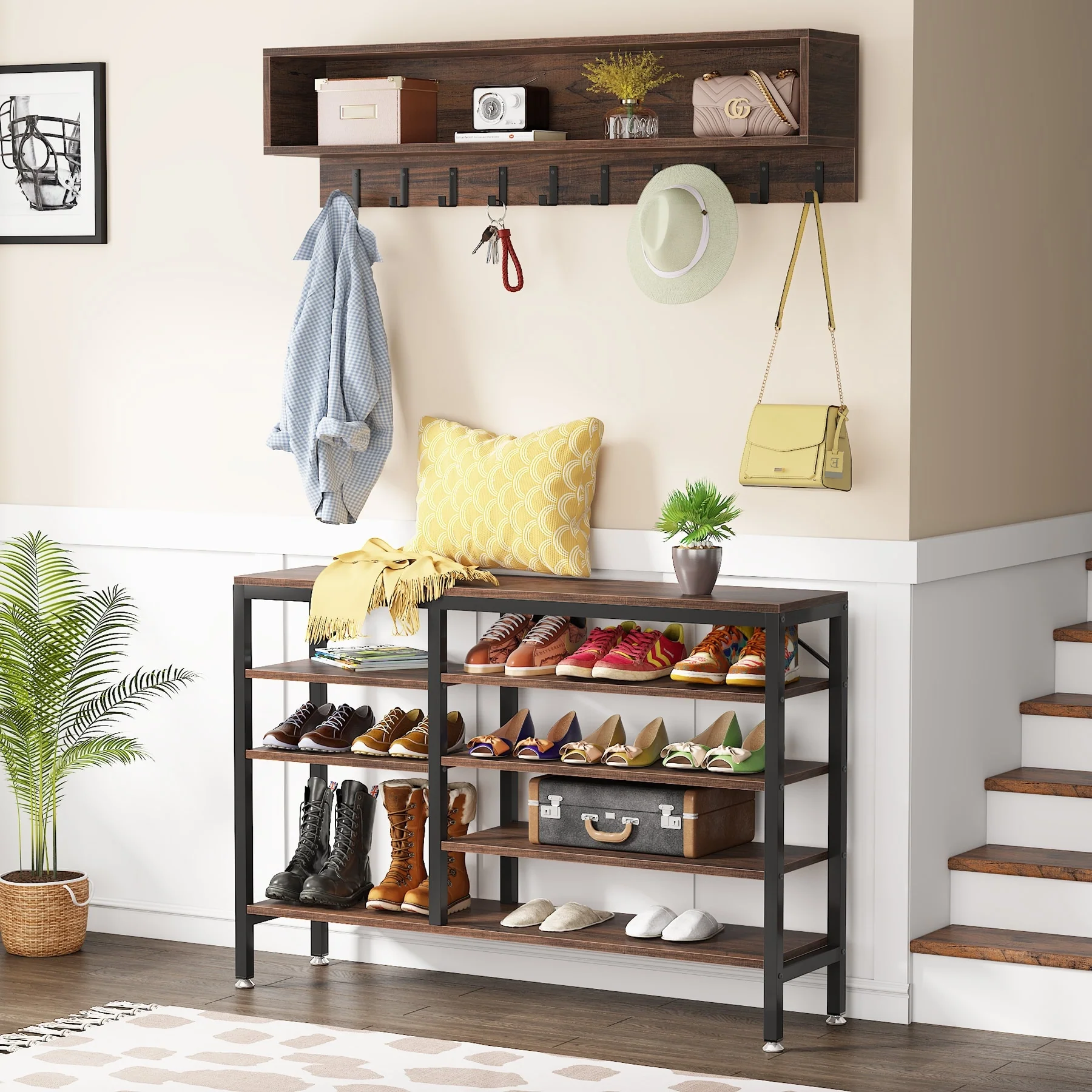 Entryway Coat Rack and Shoe Bench Set, Industrial Hall Tree with Coat and Shoe Storage - Image 30