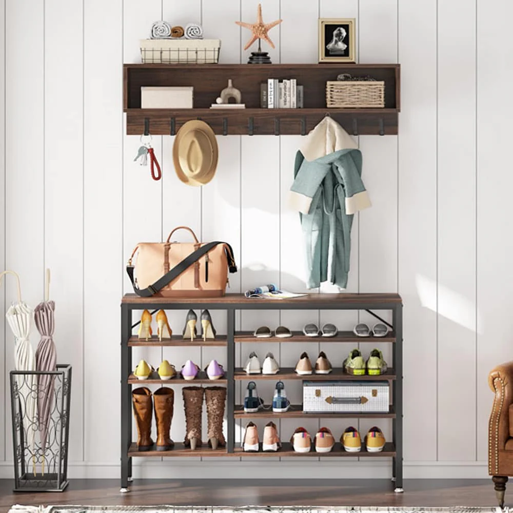 Entryway Coat Rack and Shoe Bench Set, Industrial Hall Tree with Coat and Shoe Storage - Image 7