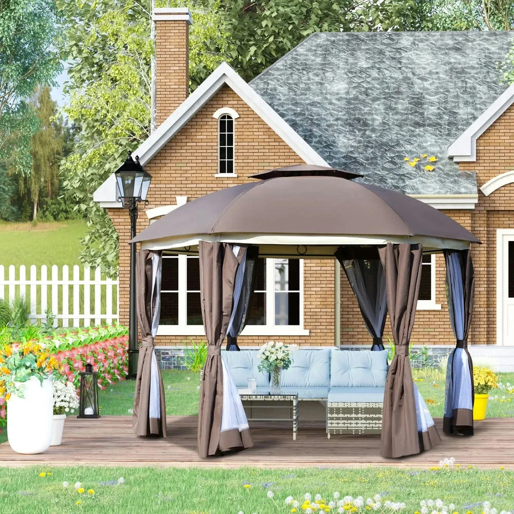 Topcobe 12' x 12' Round Outdoor Canopy Tent, Patio Dome Canopy Tent Canopy Shelter with Double Roof, Curtains, Zippered Doors, Strong Steel Frame, Outdoor Canopy, Shade Canopy, Patio Canopy, Brown - Image 3