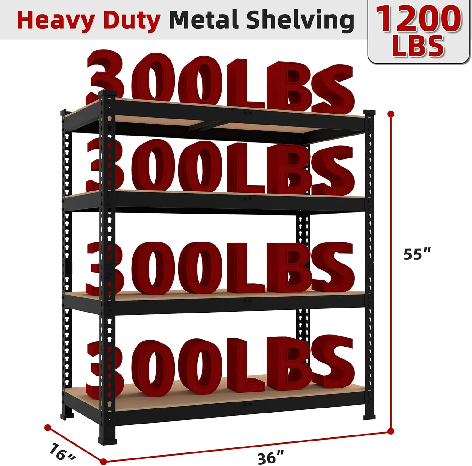 36" W x 16" D x 55" H Adjustable Garage Storage Shelves - 4-Shelf Heavy Duty Shelving Unit, Metal Utility Storage Organizer Racks for Warehouse Pantry Closet Kitchen, Black - Image 3