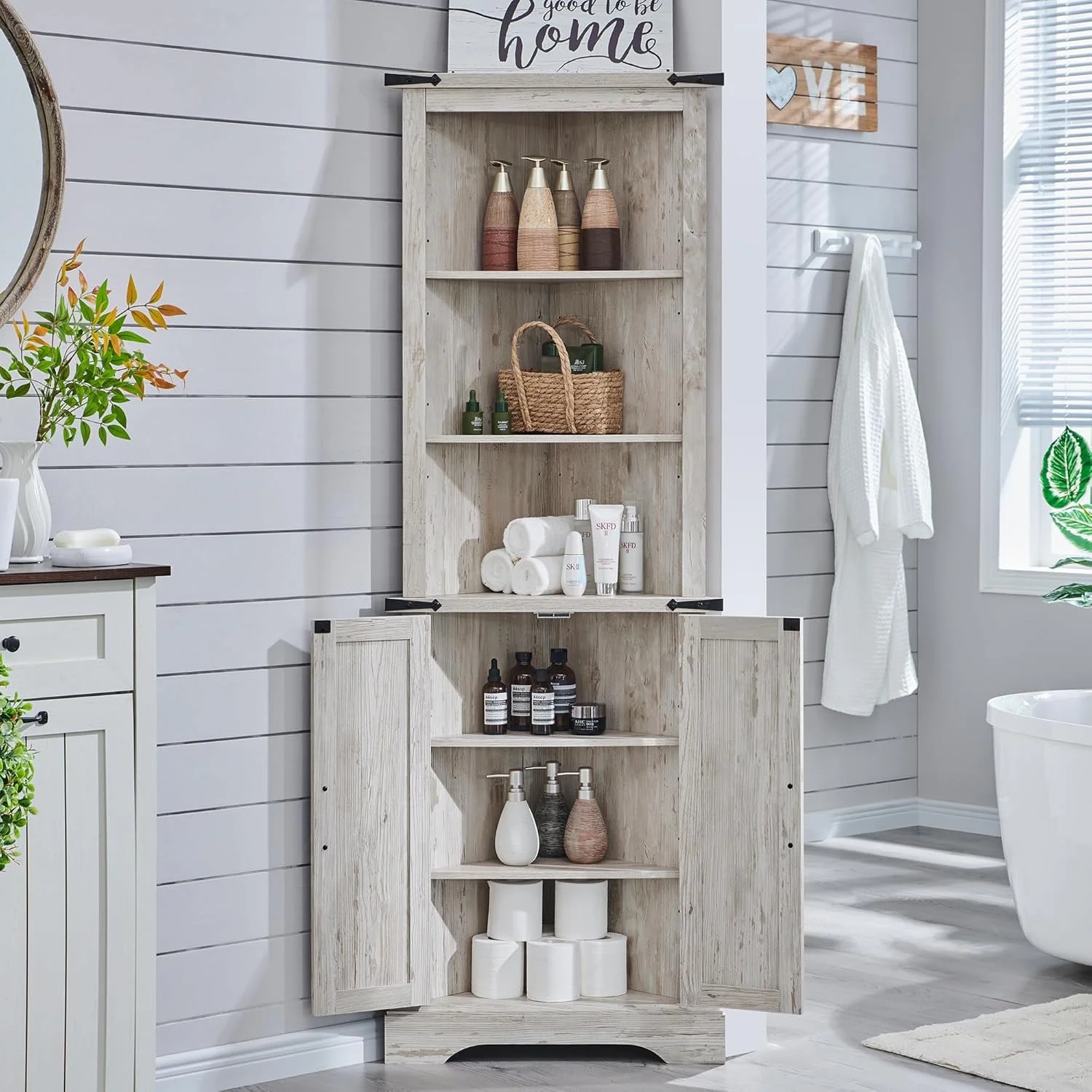 OKD Farmhouse Tall Corner Cabinet with Barn Door & Adjustable Shelves, 68" Rustic Wood Corner Cabinet with Storage Cabinet for Bathroom, Kitchen, Antique White - Image 33