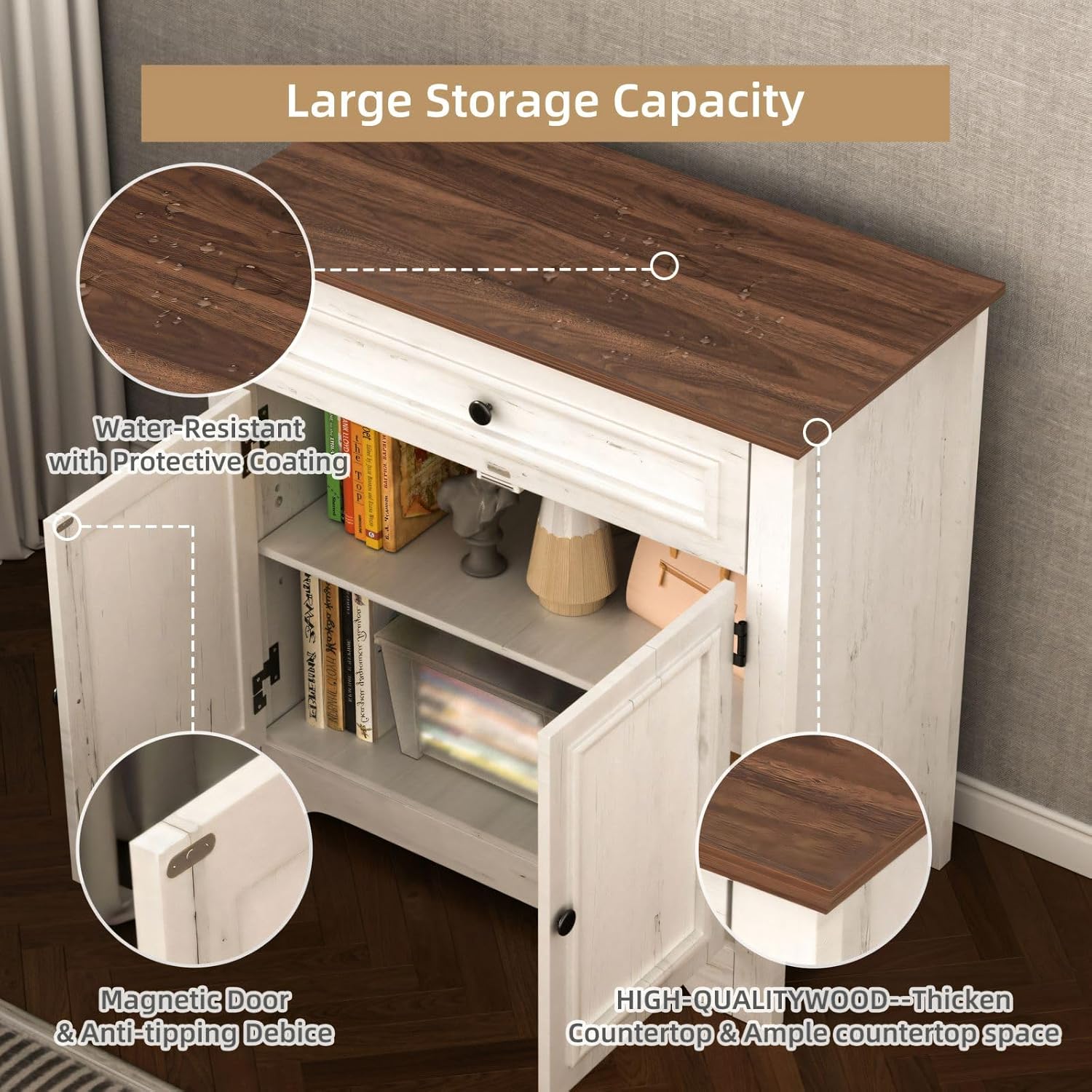 Buffet Cabinet with Storage and Drawer Sideboard Coffee Bar with Adjustable Shelves and Doors, White Accent Cabinet Credenza Console Organizer Modern Coffee Bar for Kitchen Dining Room Living Room - Image 3