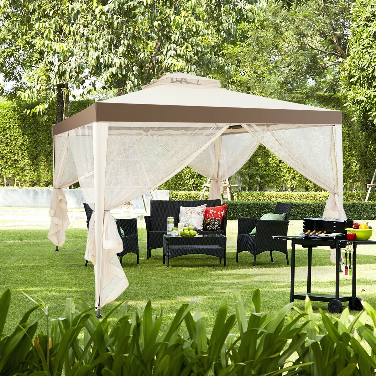 Gymax 10'x 10' Canopy Gazebo Shelter W/Mosquito Netting Outdoor Patio Beige - Image 2