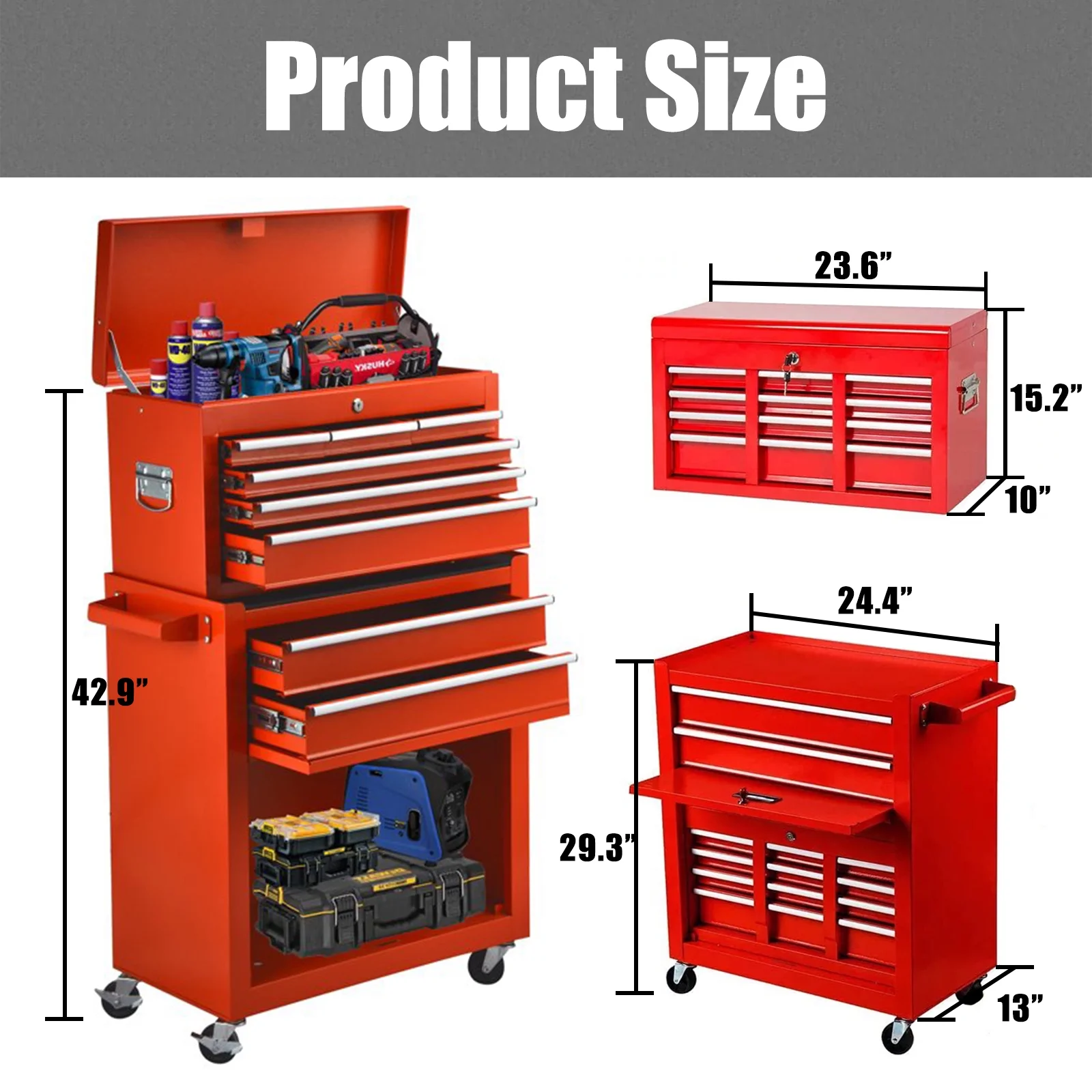 Artbros 8-Drawer Rolling Tool Chest, Large Tool Cabinet with Wheels, Detachable Toolbox Storage for Garage, Repair Shop, Workshop, Black - Image 14