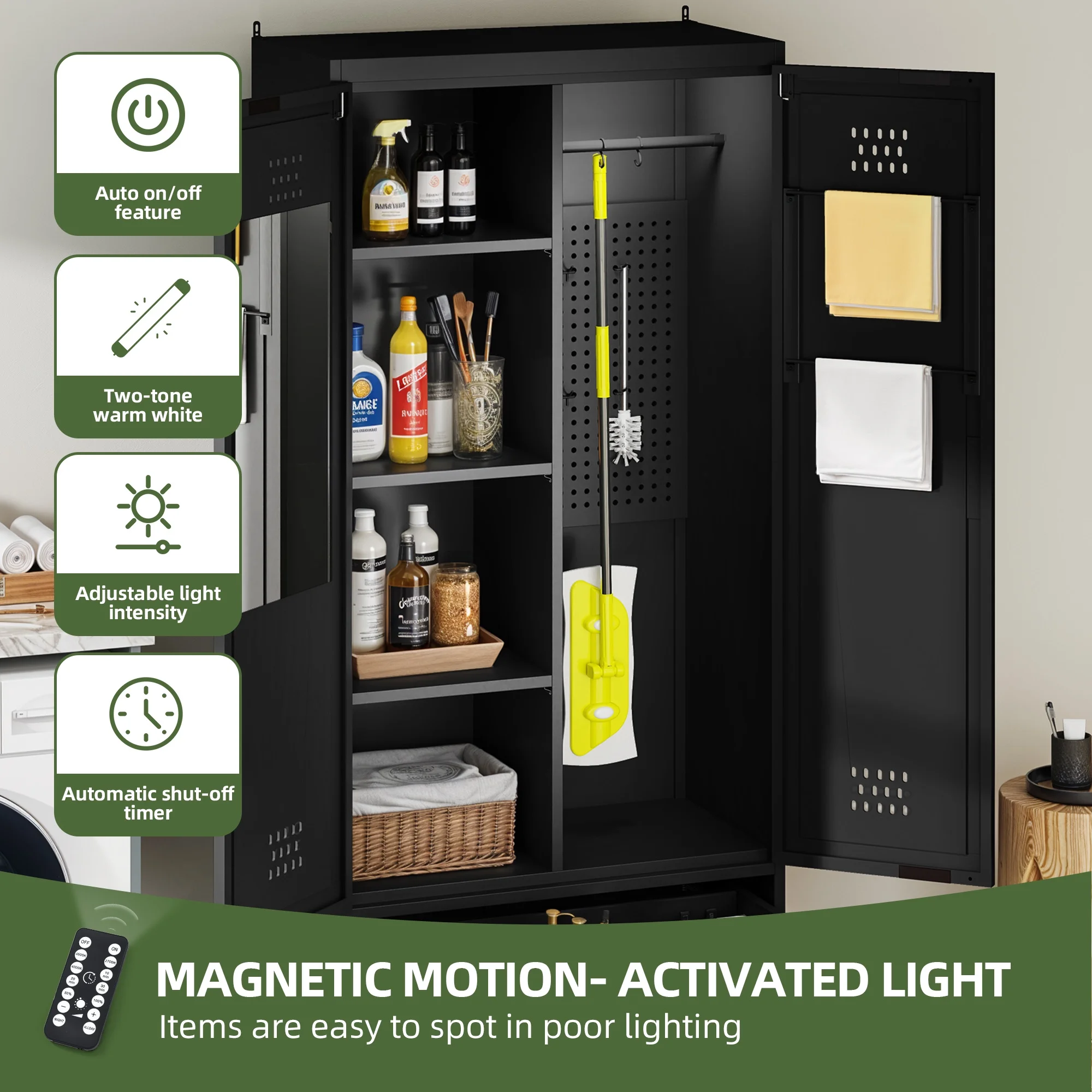 Uforic 70.9" Garage Storage Cabinet with Doors & Shelves, Metal Cabinet with Lights, Black - Image 3