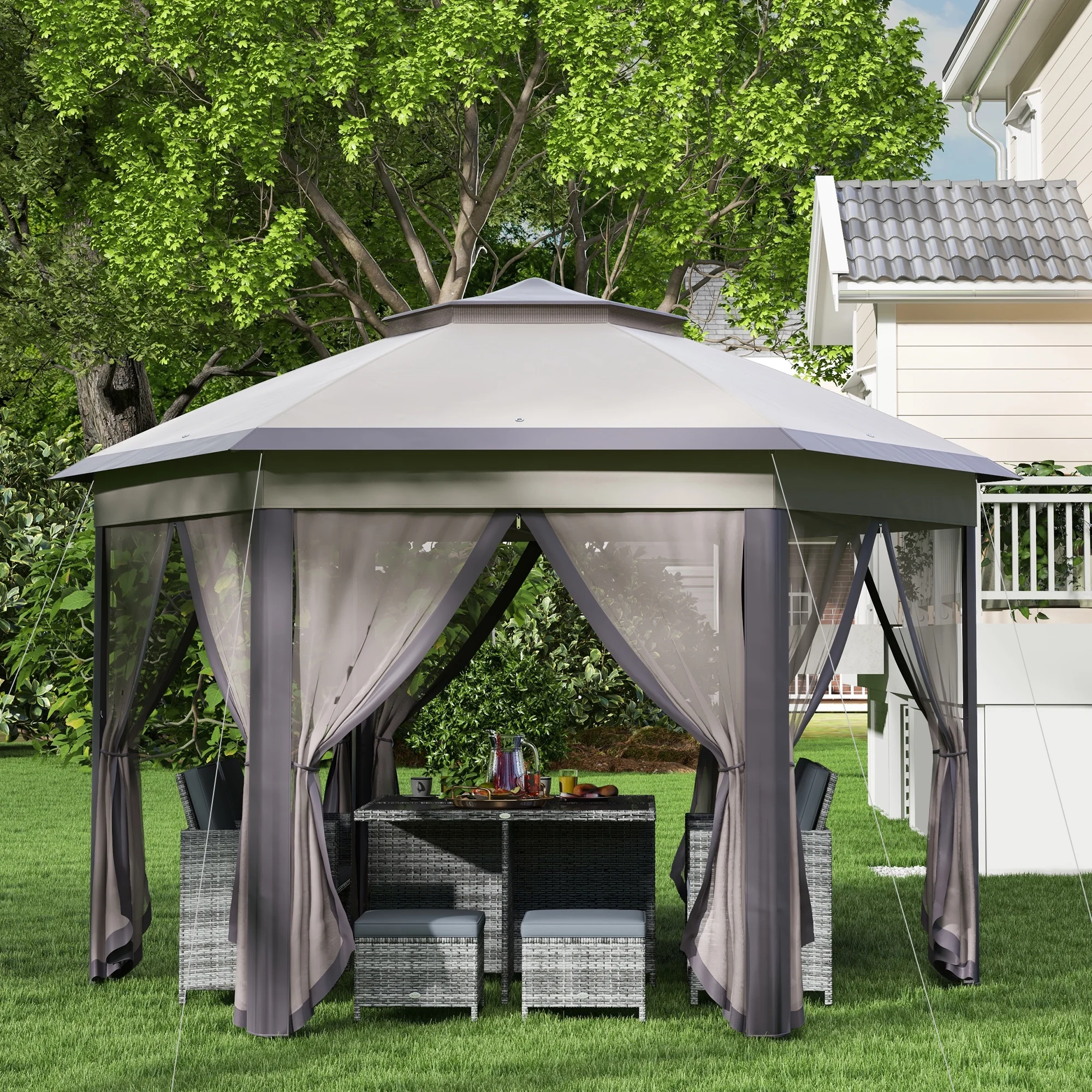 Outsunny 13' x 13' Pop Up Gazebo Hexagonal Canopy with 6 Zippered Mesh Netting, 2-Tier Roof Event Tent with Steel Frame for Patio Backyard, Gray - Image 24