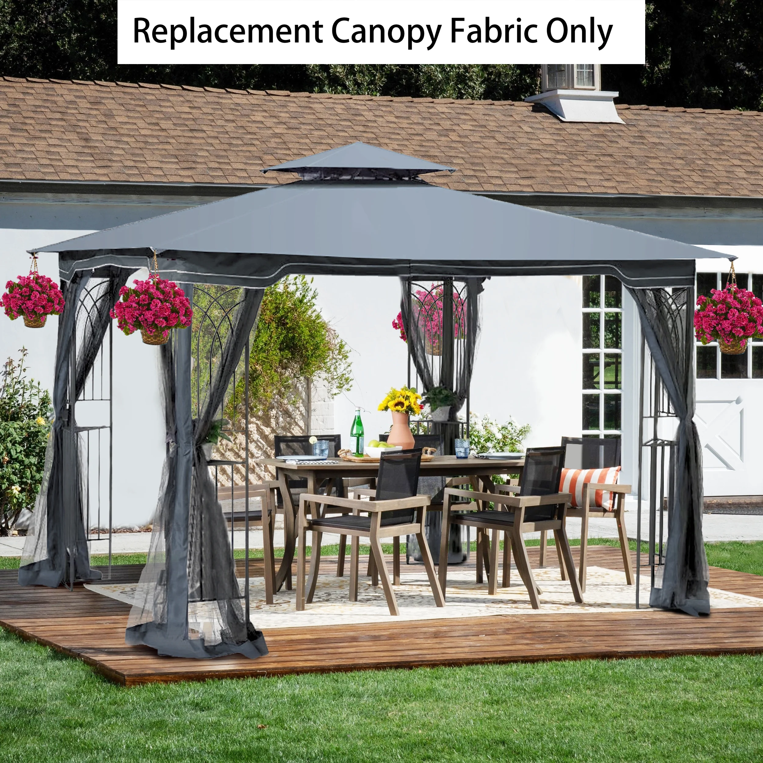 10x10 Ft Patio Double Roof Gazebo Replacement Canopy Top Fabric, Gray - Image 2