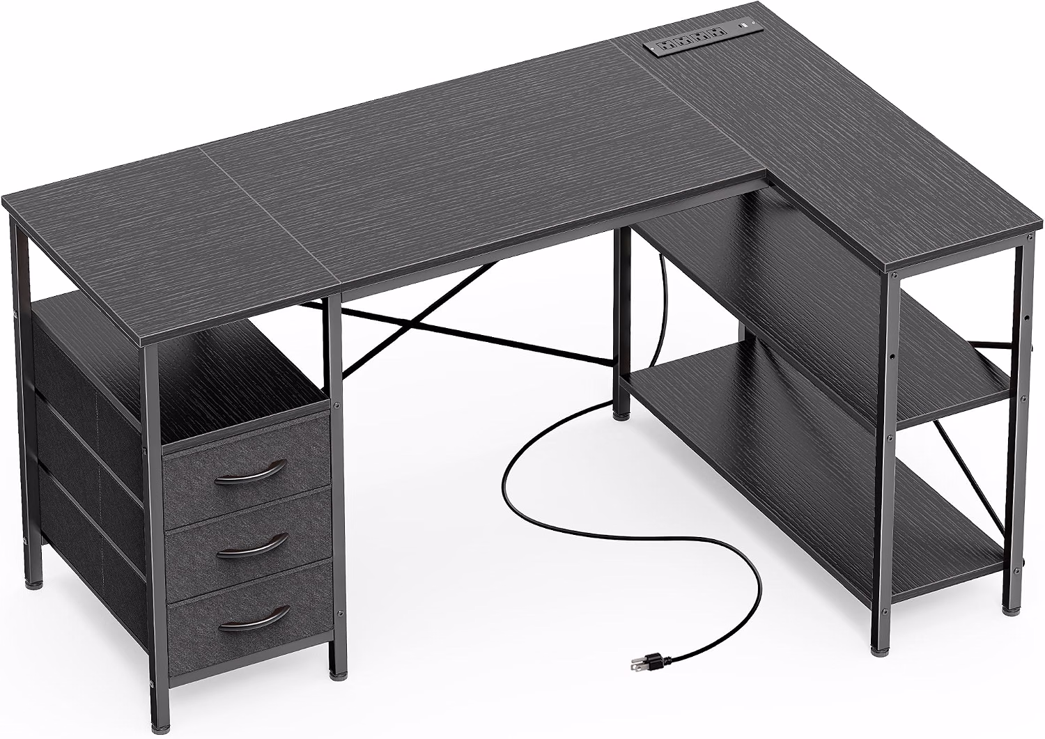 L Shaped Office Desk with Power Outlets & 3 Drawers