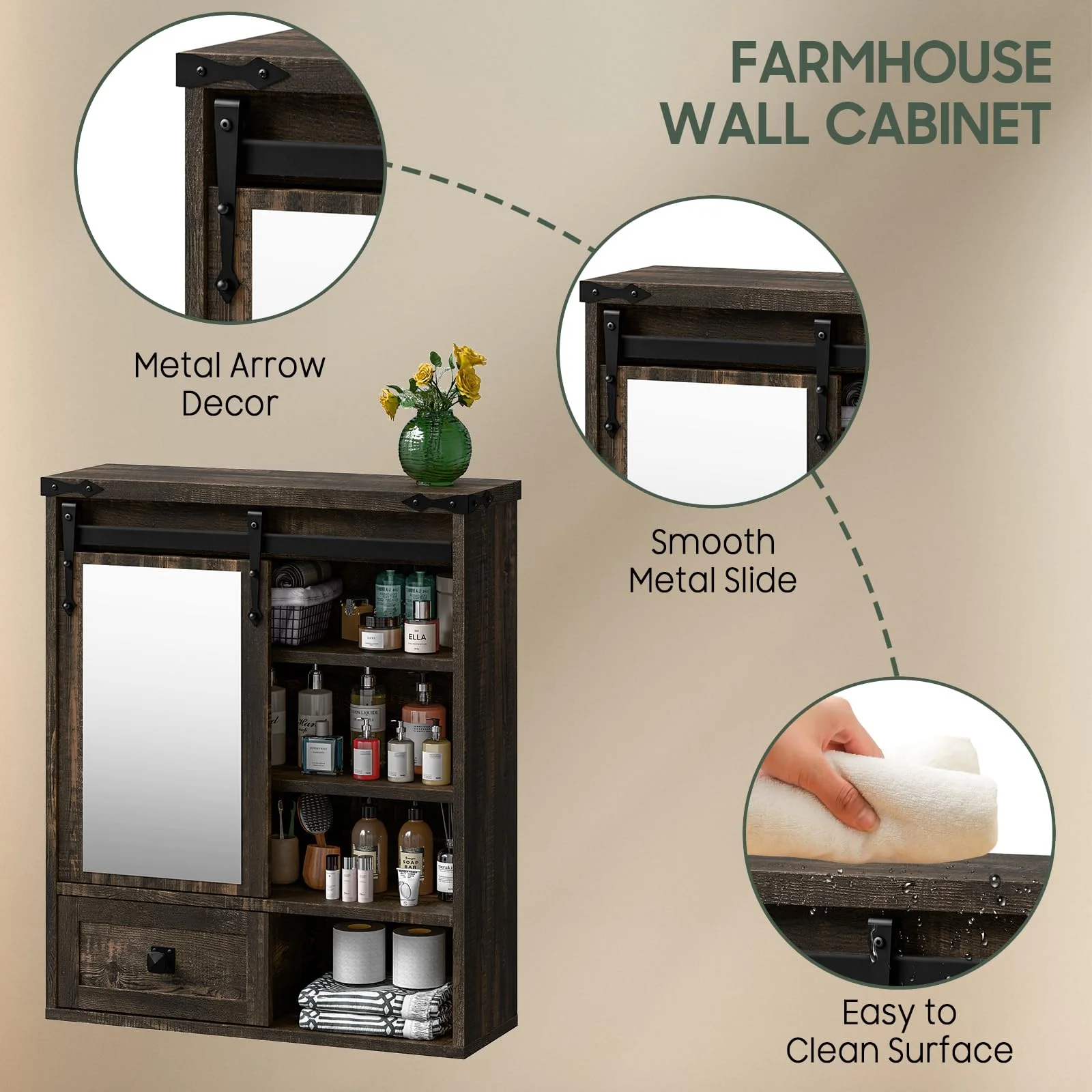 Vabches Farmhouse Bathroom Wall Storage Cabinet with Sliding Mirror Door, Adjustable Shelves, Over The Toilet Storage, Dark Rustic Oak - Image 3