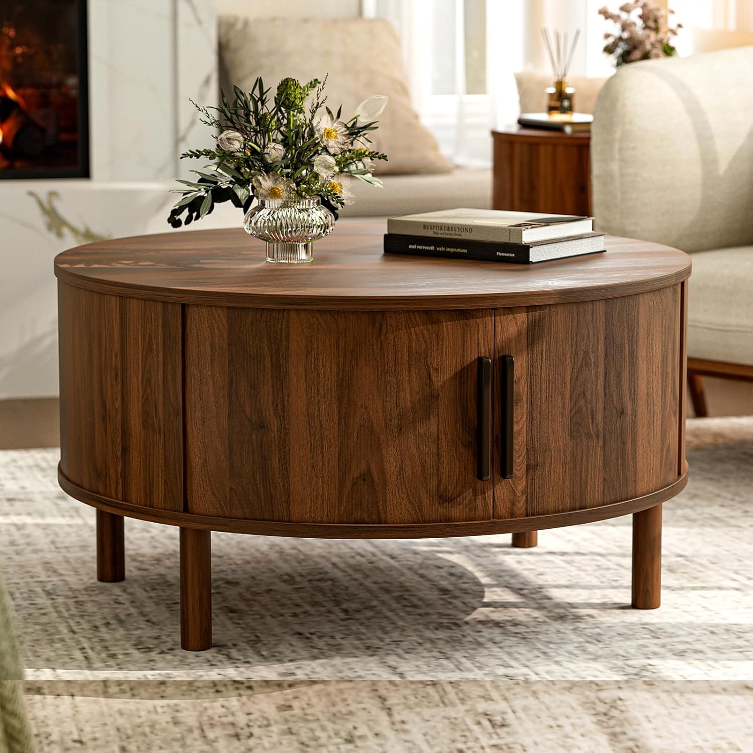 Round Coffee Table with Sliding Doors, Mid-Century, Walnut