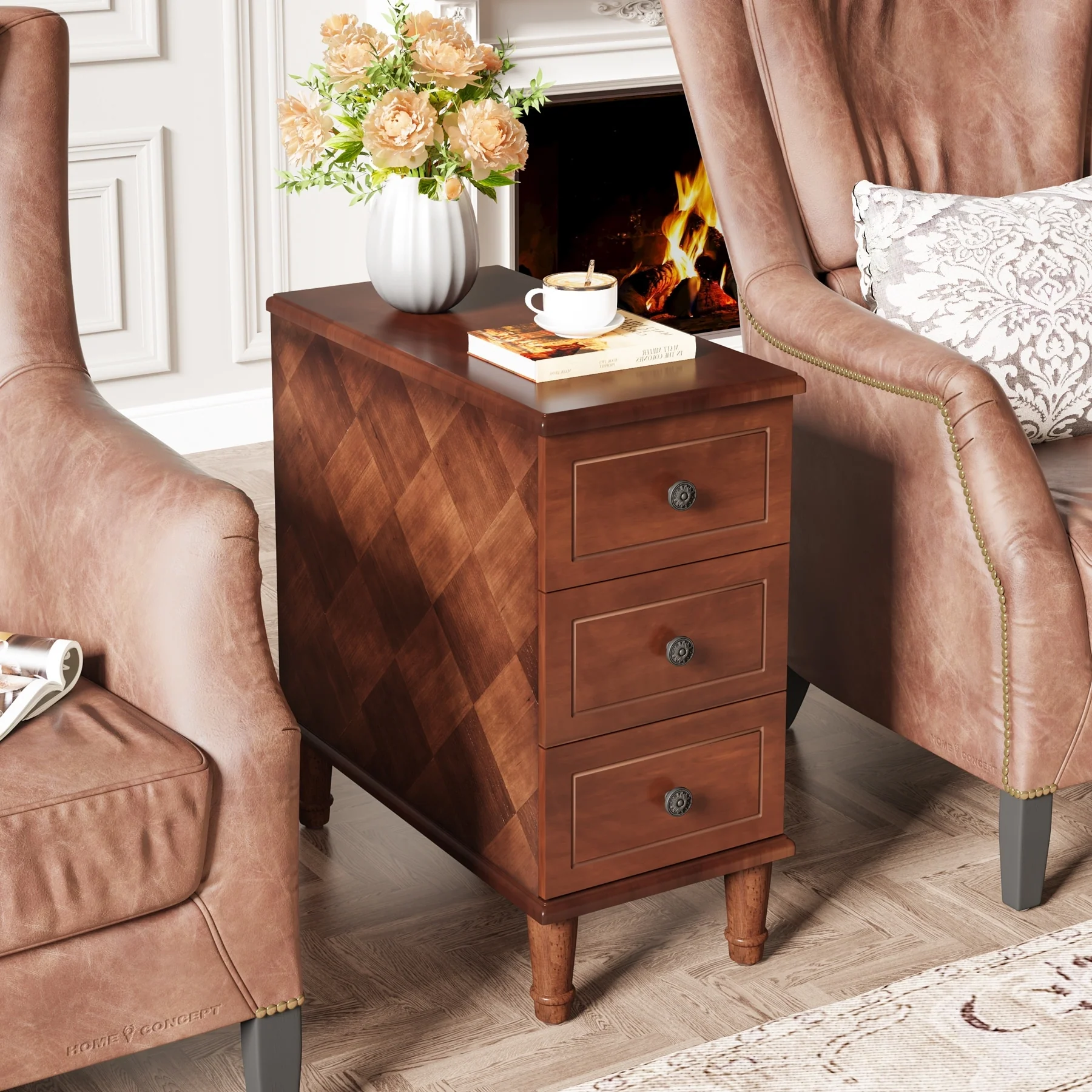Fully Assembled Narrow End Table, Solid Wood Side Table with 3 Drawers, Vintage Nightstand for Small Spaces - Image 2