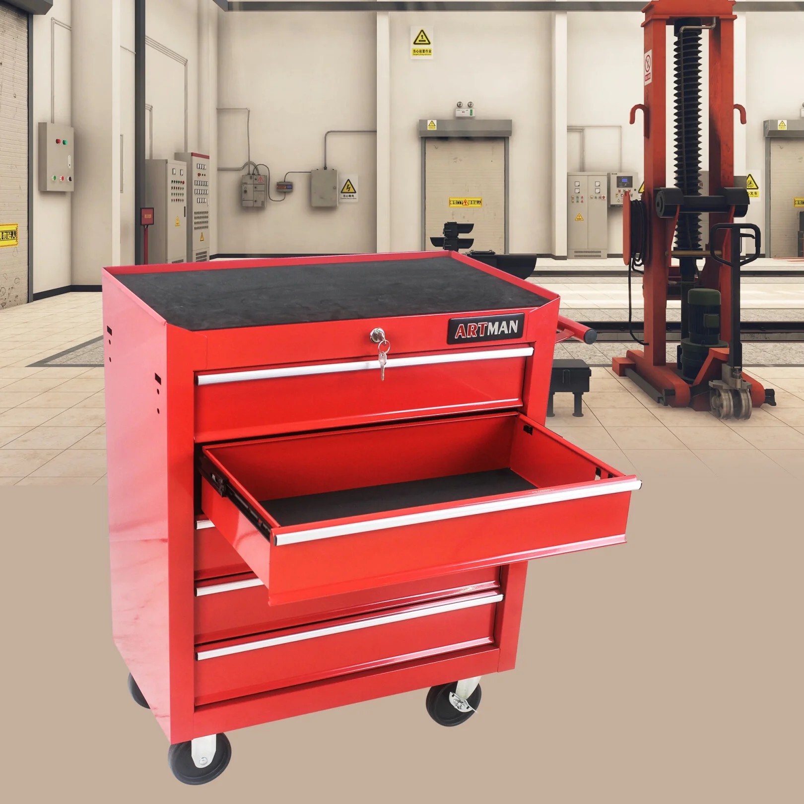 5-Drawer Rolling Tool Chest, Metal Tool Storage Organizer Cart with Locking System and Wheels, Multifunctional Mechanic Tool Cart for Garage, Warehouse, Workshop, Repair Shop, Red - Image 10