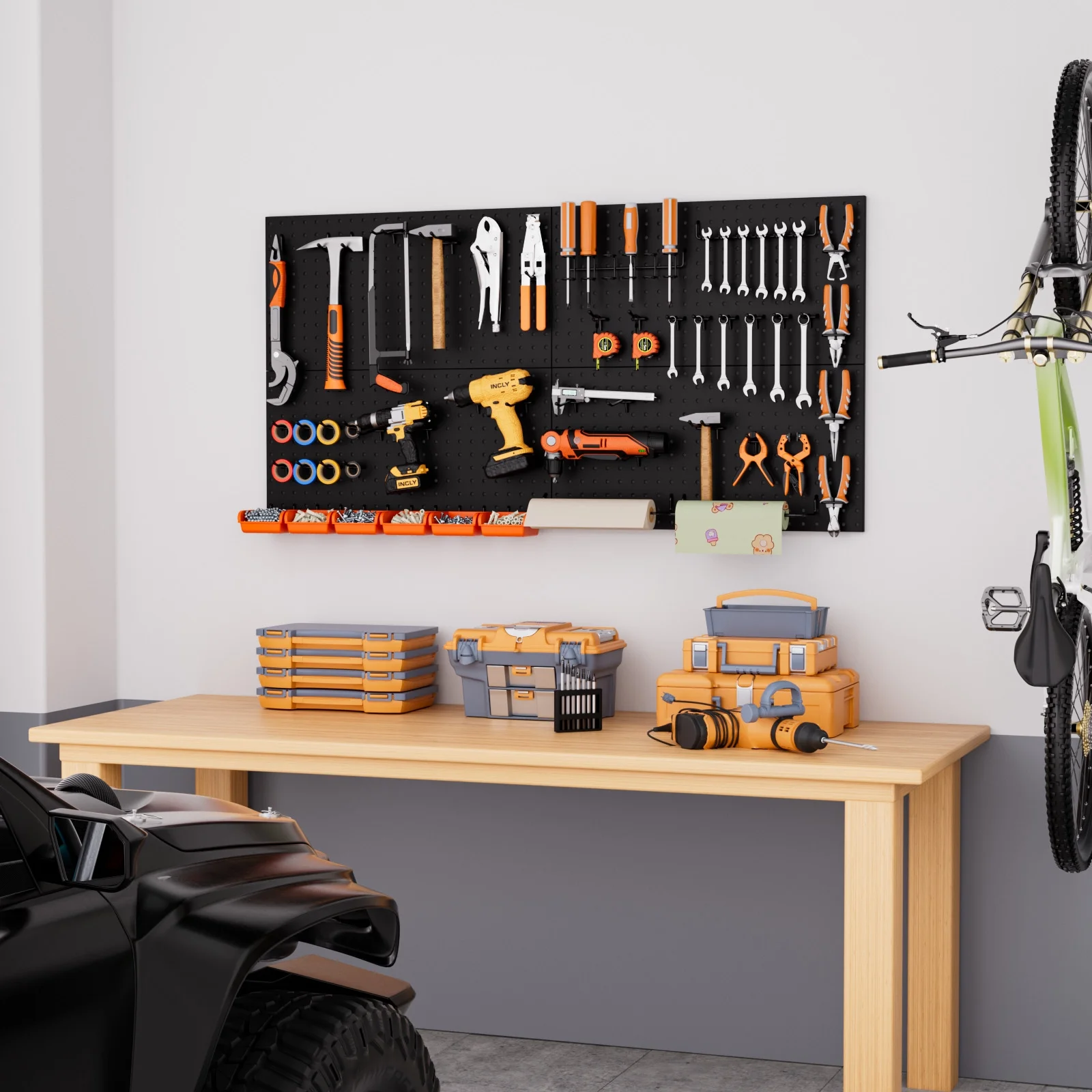 INCLY 48x24 Inch Metal Peg Board Kit with 1/4" Pegboard Hooks Accessories, 160PCS Black Pegboard Wall Organizer Pegboard Panels Tool Organizer Storage System for Garage Workbench Shed - Image 7