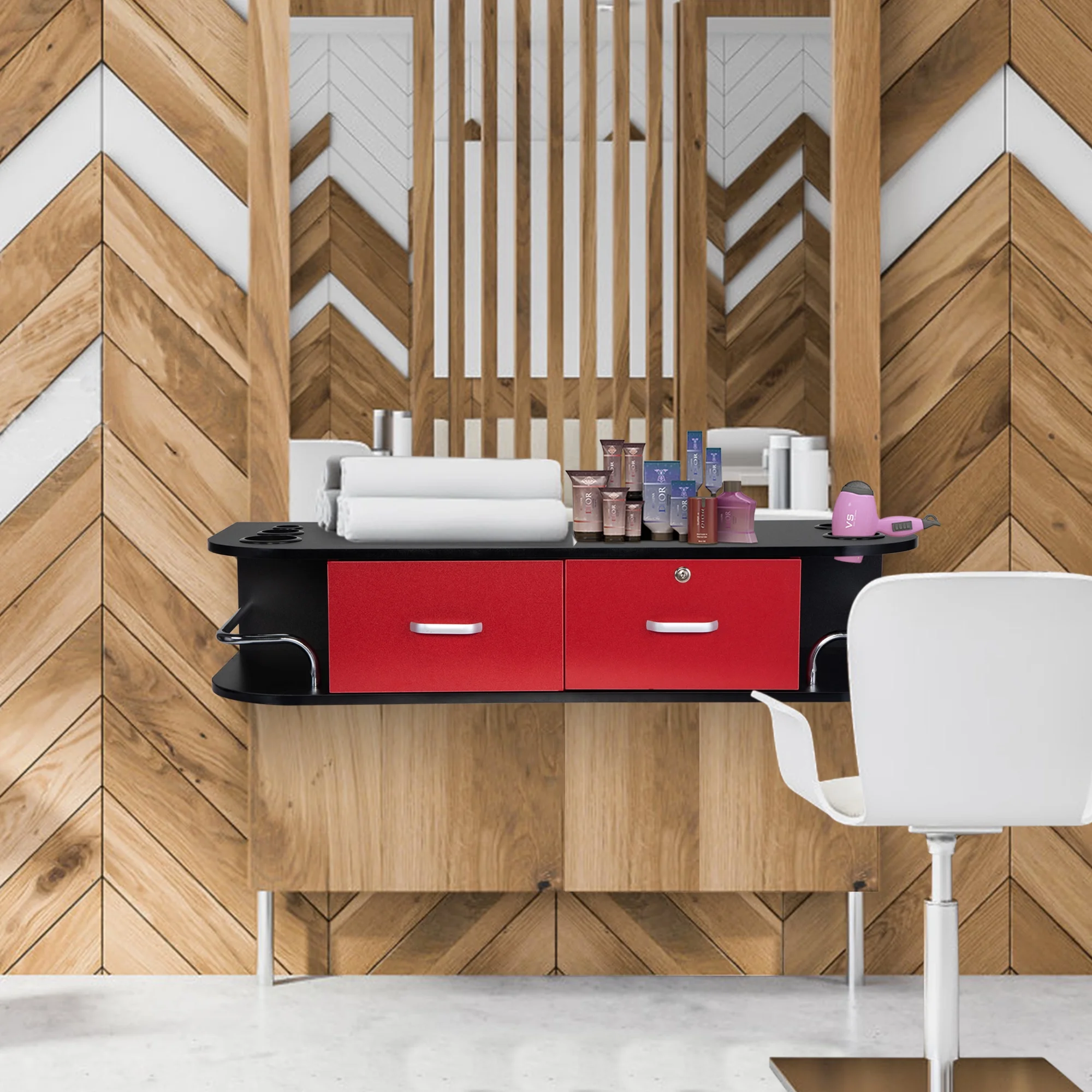 RESHABLE Modern Wall-Mounted Salon Station Barber Cabinet with Locking Drawer Storage Table for Hair Stylist Black - Image 19