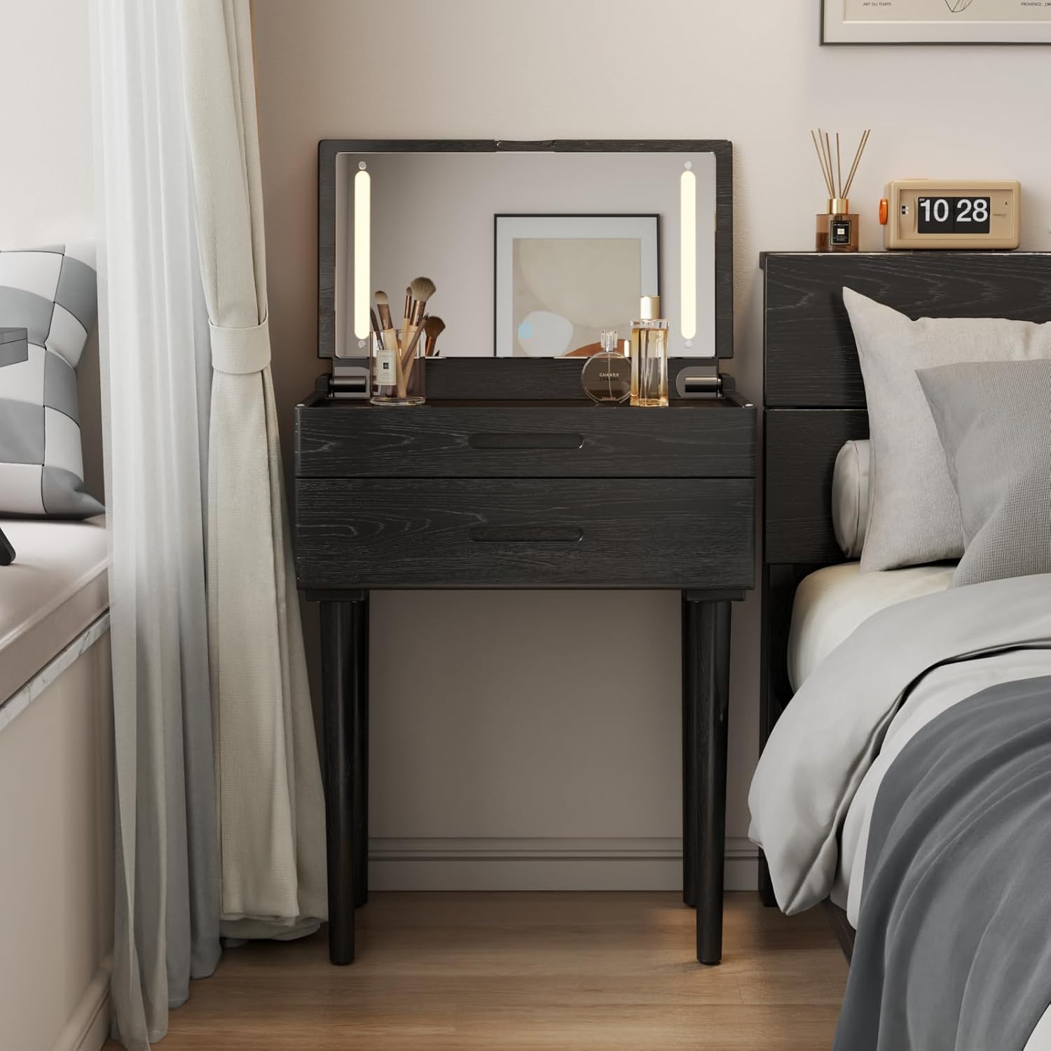 Solid Wood Small Vanity Desk with Mirror and Lights, 19.6", Natural - Image 6