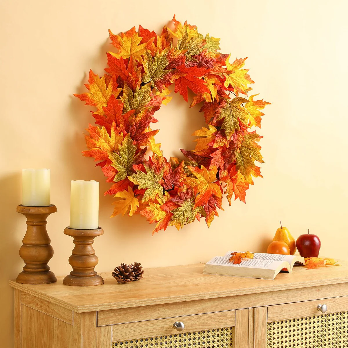 Thanksgiving LED Lighted Fall Maple Leaf Wreath and Garland - Autumn Home Decor - Image 8