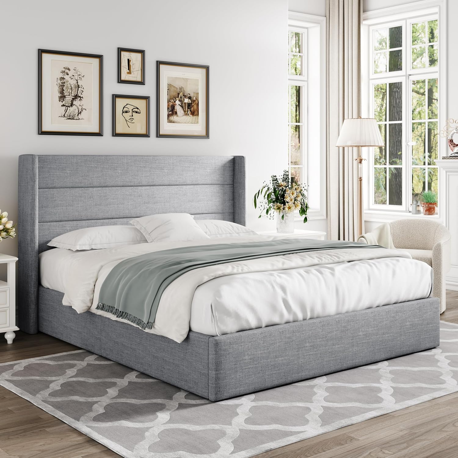 Queen Size Lift Up Storage Bed with Wingback Headboard, Upholstered Platform Bed Frame with Hidden Storage - Image 123