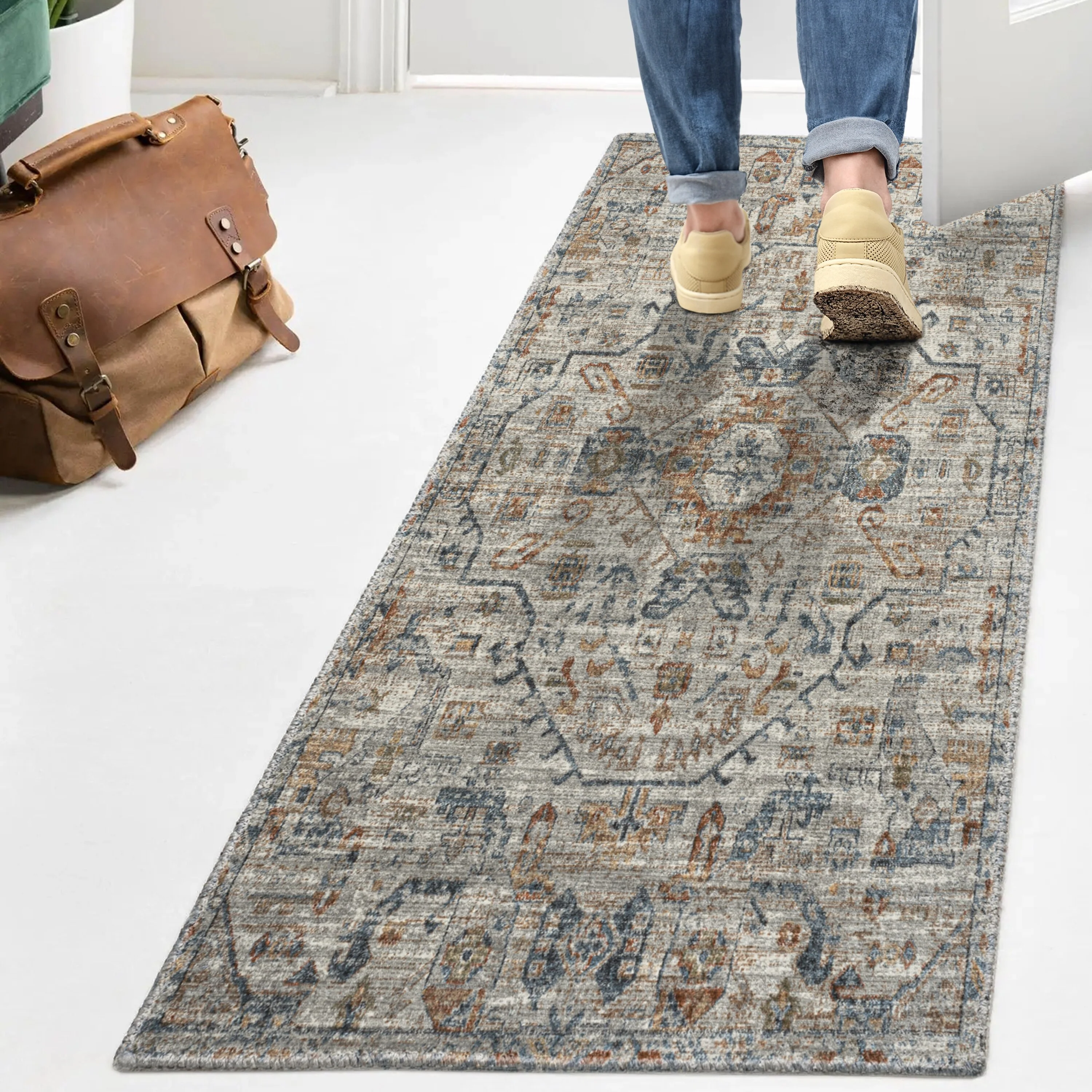Bohemian Medallion Low-Pile Machine-Washable Area Rug, Cream and Terra - Image 54