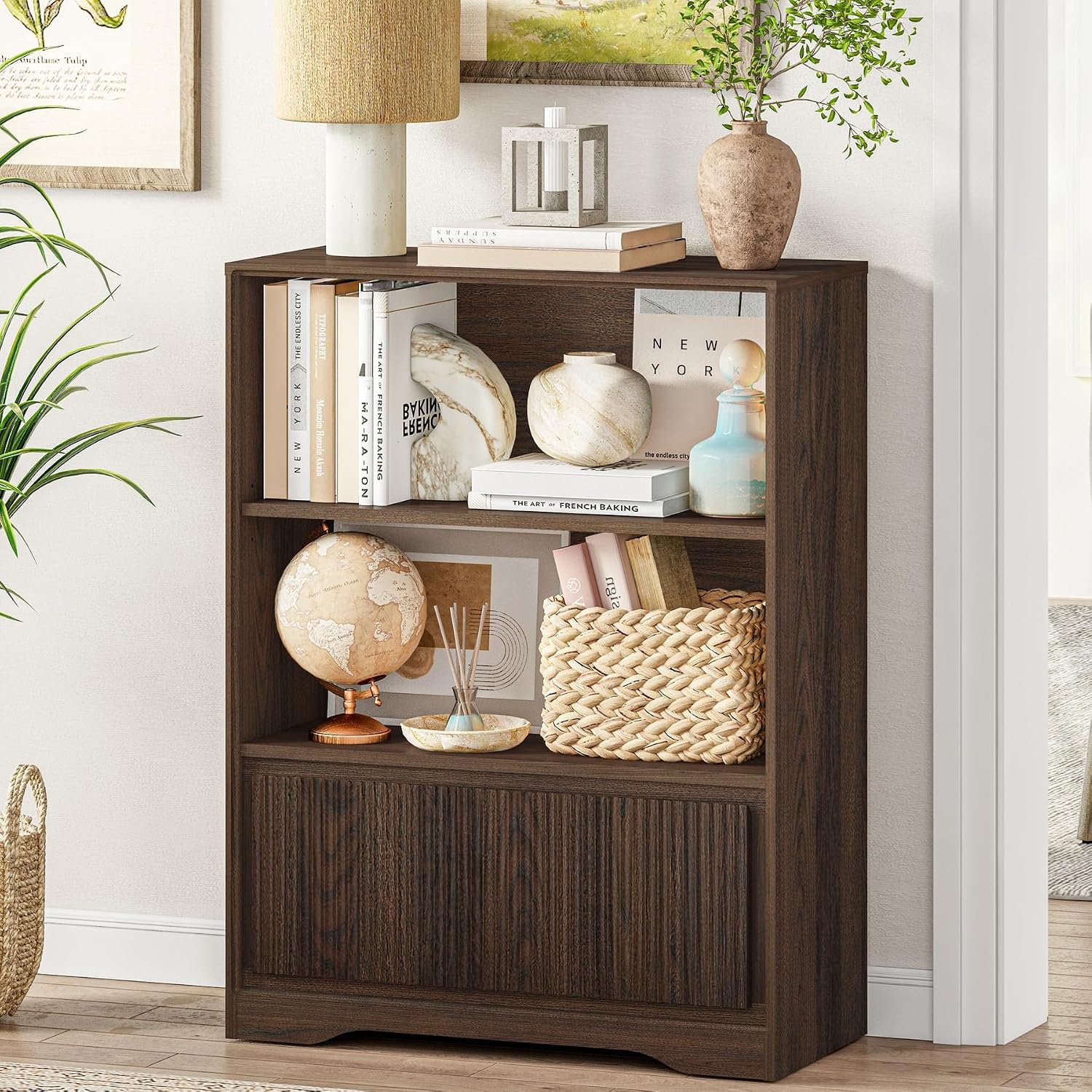Small Bookcase with Fluted Drawer, 3-Tier Wood Bookshelf with Storage, Short Narrow Display Shelf for Small Spaces, Living Room, Home Office (Dark Walnut) - Image 2