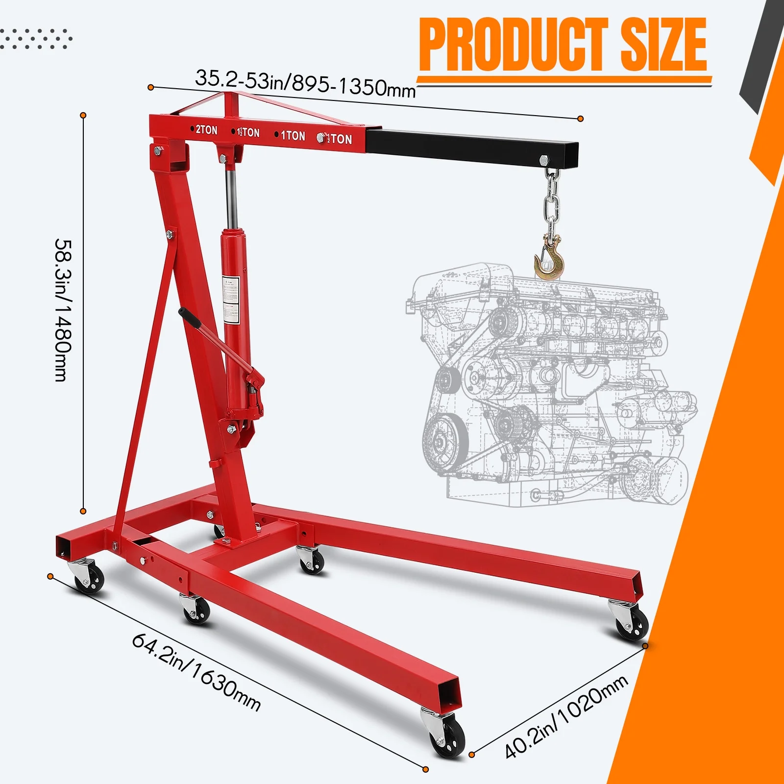 Aoile Red Hydraulic Folding Crane Lifting Hoist, 4400 lbs Max Weight - Image 3