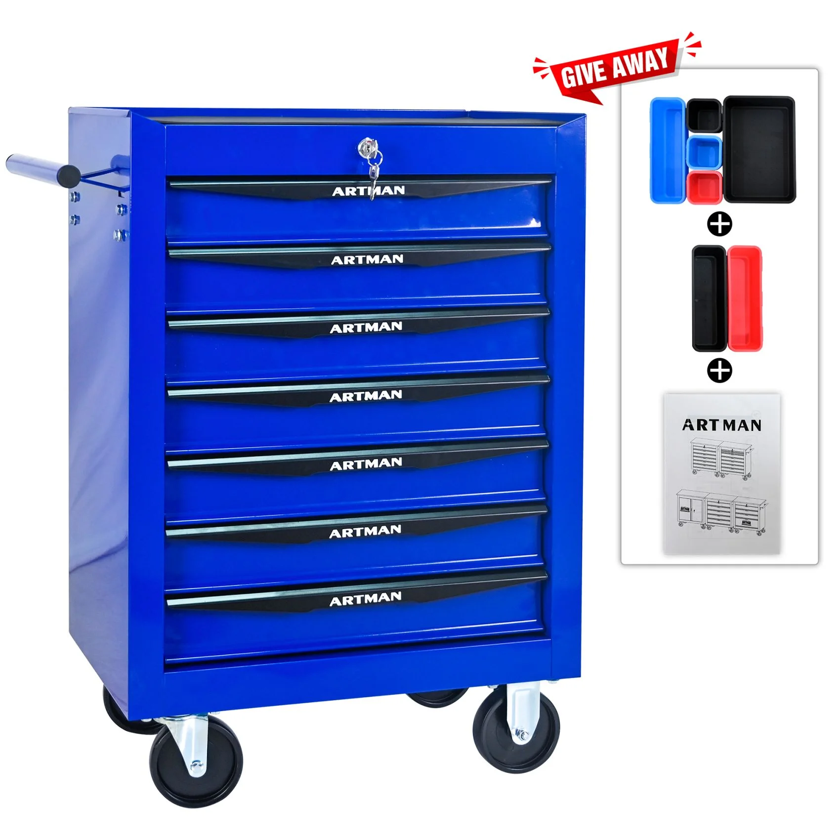 FARONZE Rolling Metal Tool Chest with 7 Drawers, 20" Steel Storage Cabinet with Ball Bearing Slides, Black and Blue Finish - Image 8