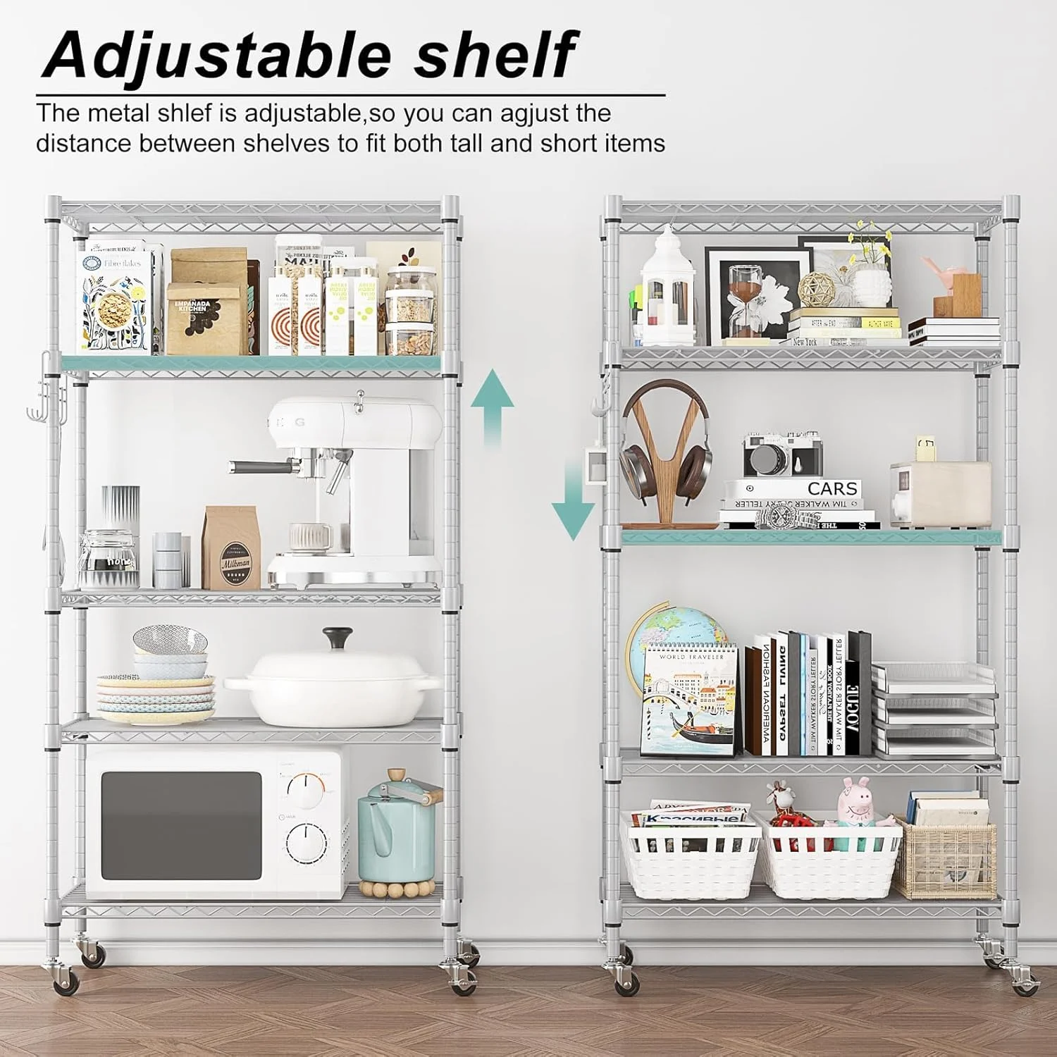 5-Tier Storage Shelf Wire Shelving Unit on Wheels, Adjustable Heavy Duty Metal Shelves with Side Hooks, Steel Rack Organization for Kitchen Garage Basement, Silver - Image 6