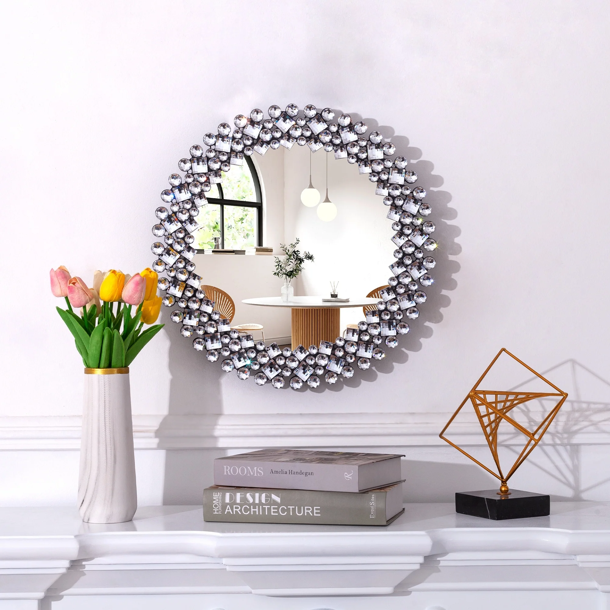 Modern Round Wall Mirror, Crystal Accent Decorative Mirror for Living Room, Bedroom and Entryway - Image 19