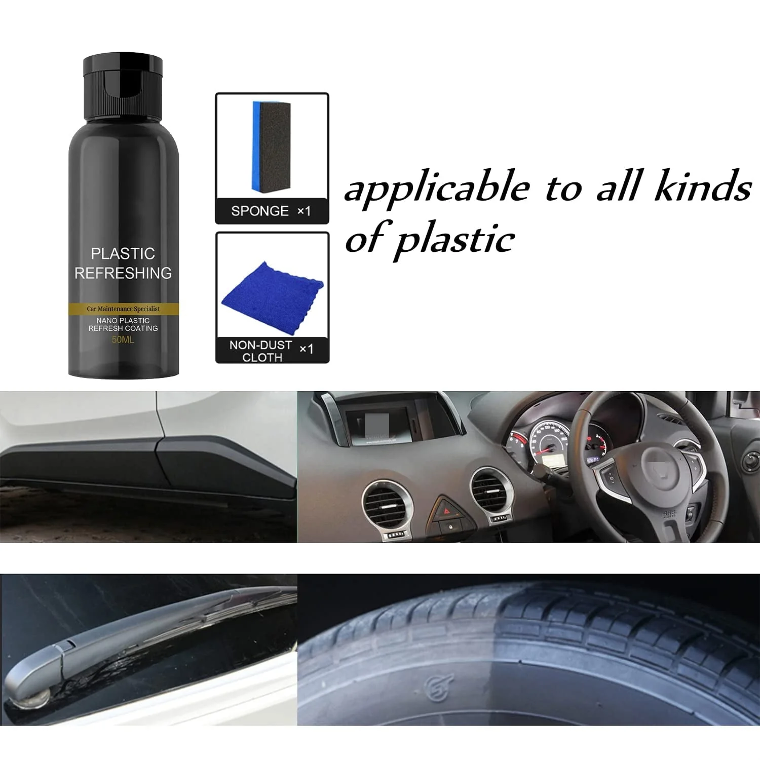 Car Cleaning Kit Plastic Revitalizing Coating Agent, Nano Plastic Refreshing Coating, Plastic Parts Refurbish Agent for Car - Car Care Tools with Sponge and Towel (30ml*2pcs) - Image 4