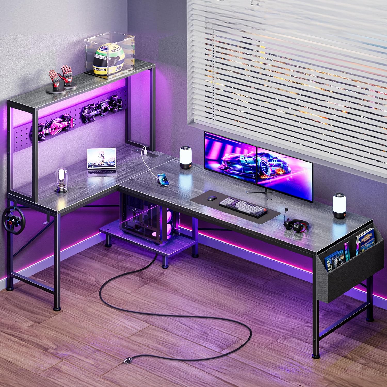 L Shaped Gaming Desk with LED Lights & Power Outlets - Image 6