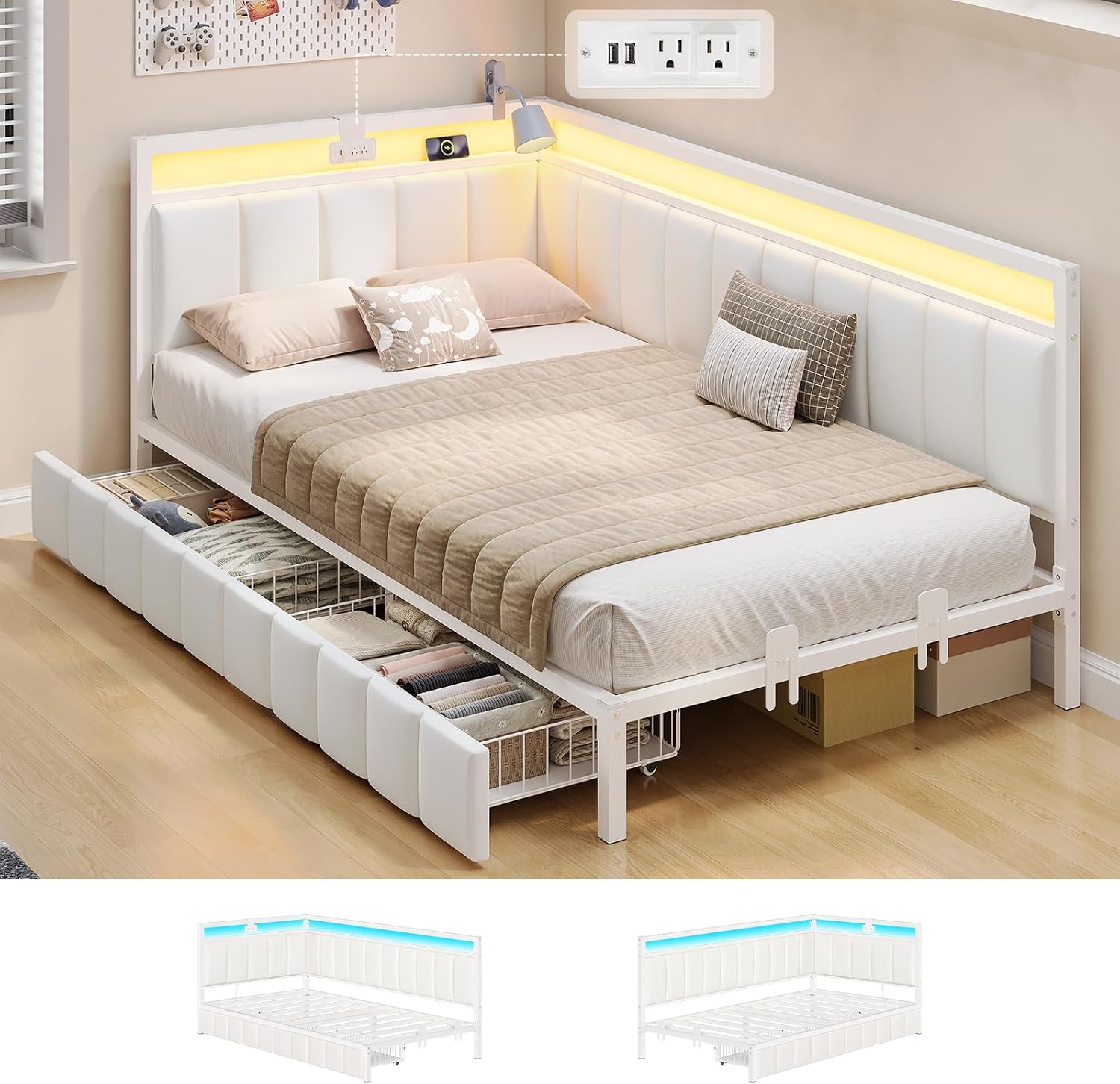 Corner Bed Frame with Storage Drawers, Twin Daybed with Line Fabric Upholstered Fence, Kids Bed Unit with LED Light and Charging Station, Modern Bed Frame Twin Size, Beige - Image 6