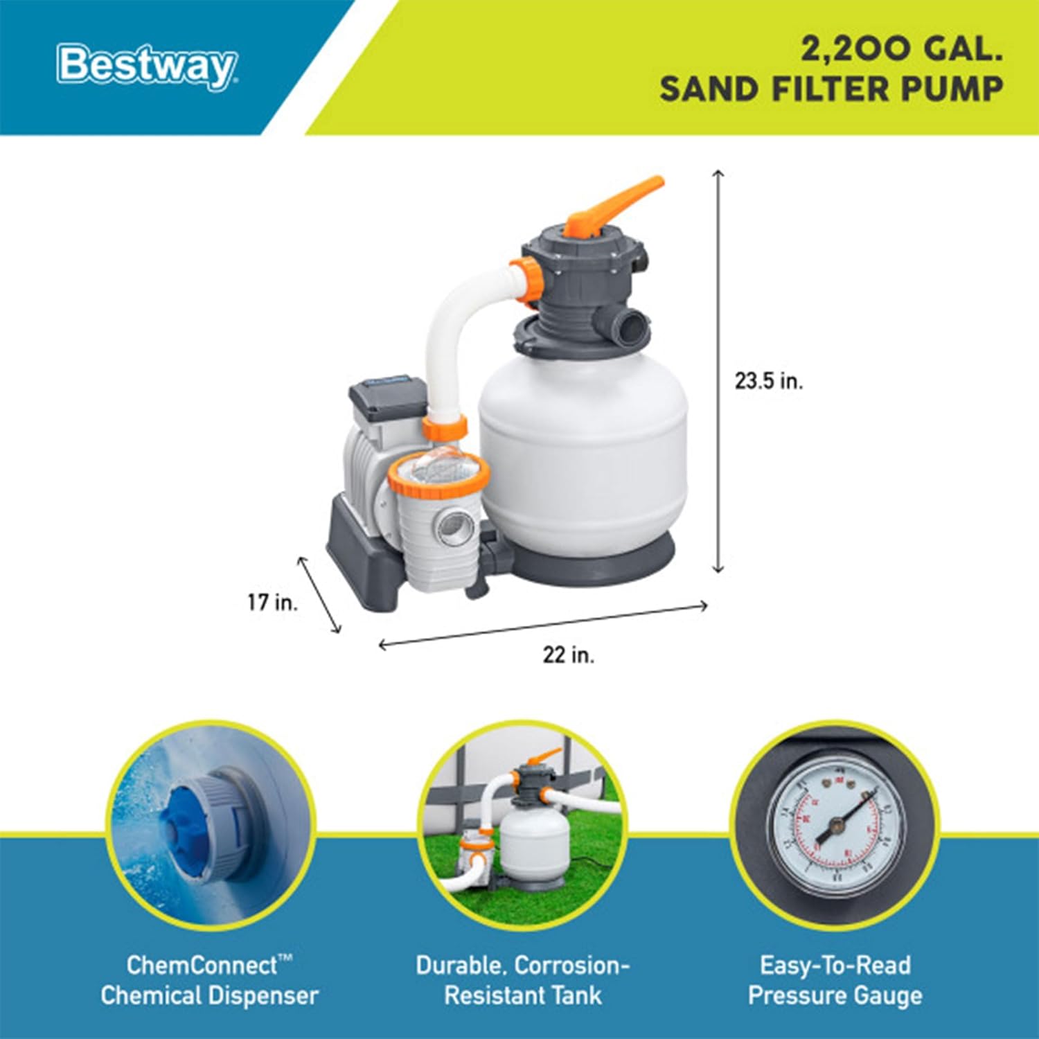 2,200 GPH Sand Filter Pump for Above Ground Pools, High Flow Swimming Pool Filtration System - Image 12