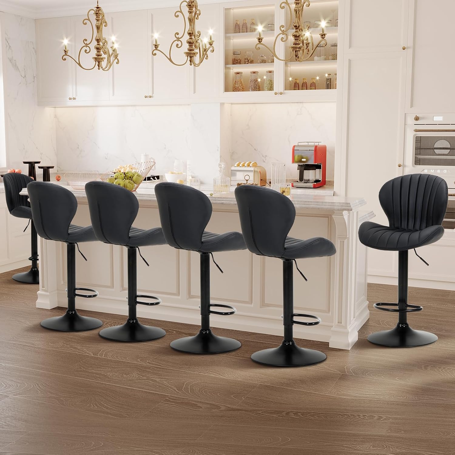 Bar Stools Set of 6, Modern Swivel Bar Chairs, Adjustable Faux Leather Upholstered Barstools Counter Height with High Backrest for Bar, Kitchen Island, Dining Room, Black - Image 12