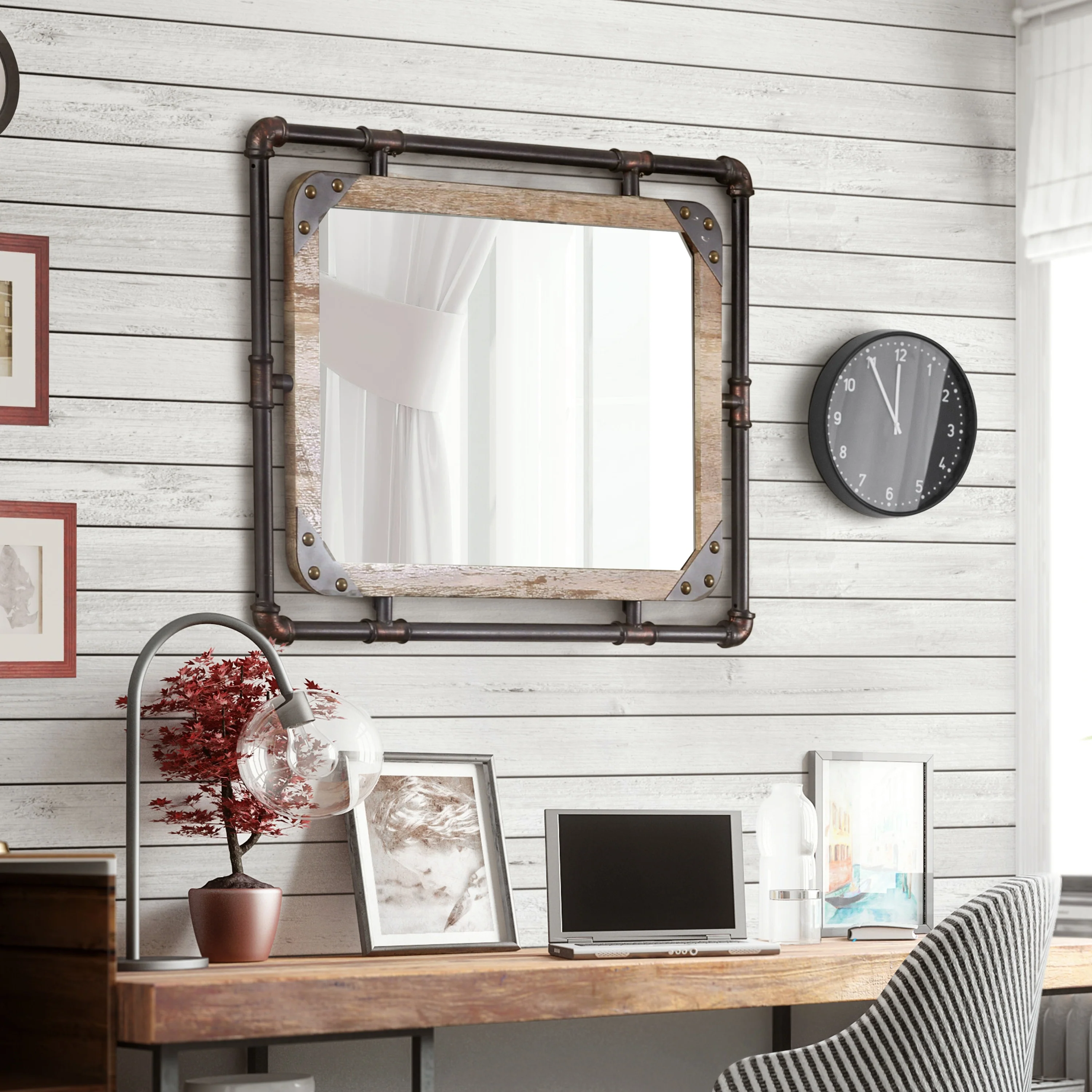 31 Inch Industrial Metal Floating Wall Mirror, Modern Decorative Wall Mirror - Image 2