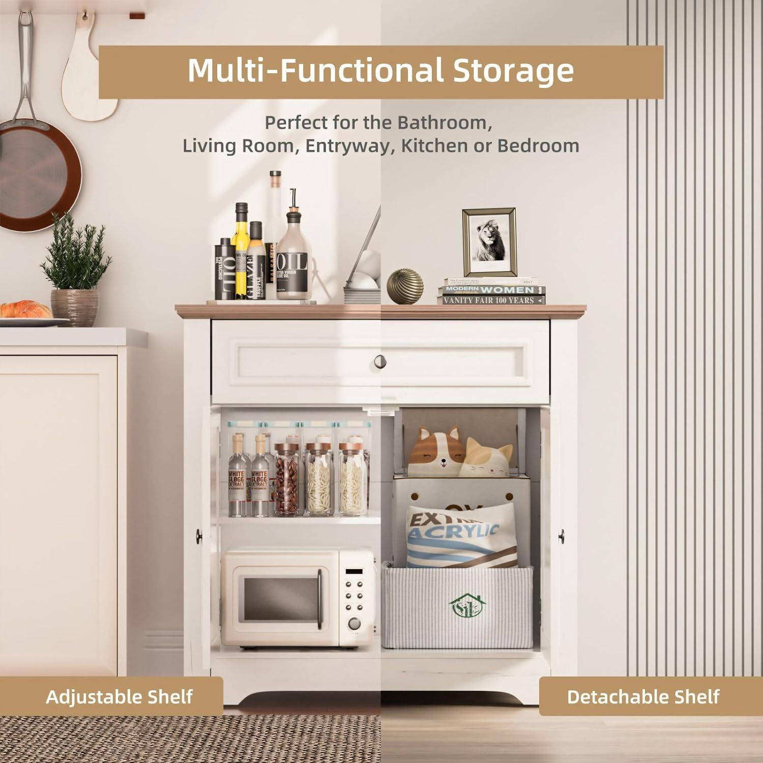Buffet Cabinet with Storage and Drawer,Sideboard Coffee Bar with Adjustable Shelves and Doors, White Accent Cabinet Credenza Console Organizer Modern Coffee Bar for Kitchen Dining Room Living Room - Image 4
