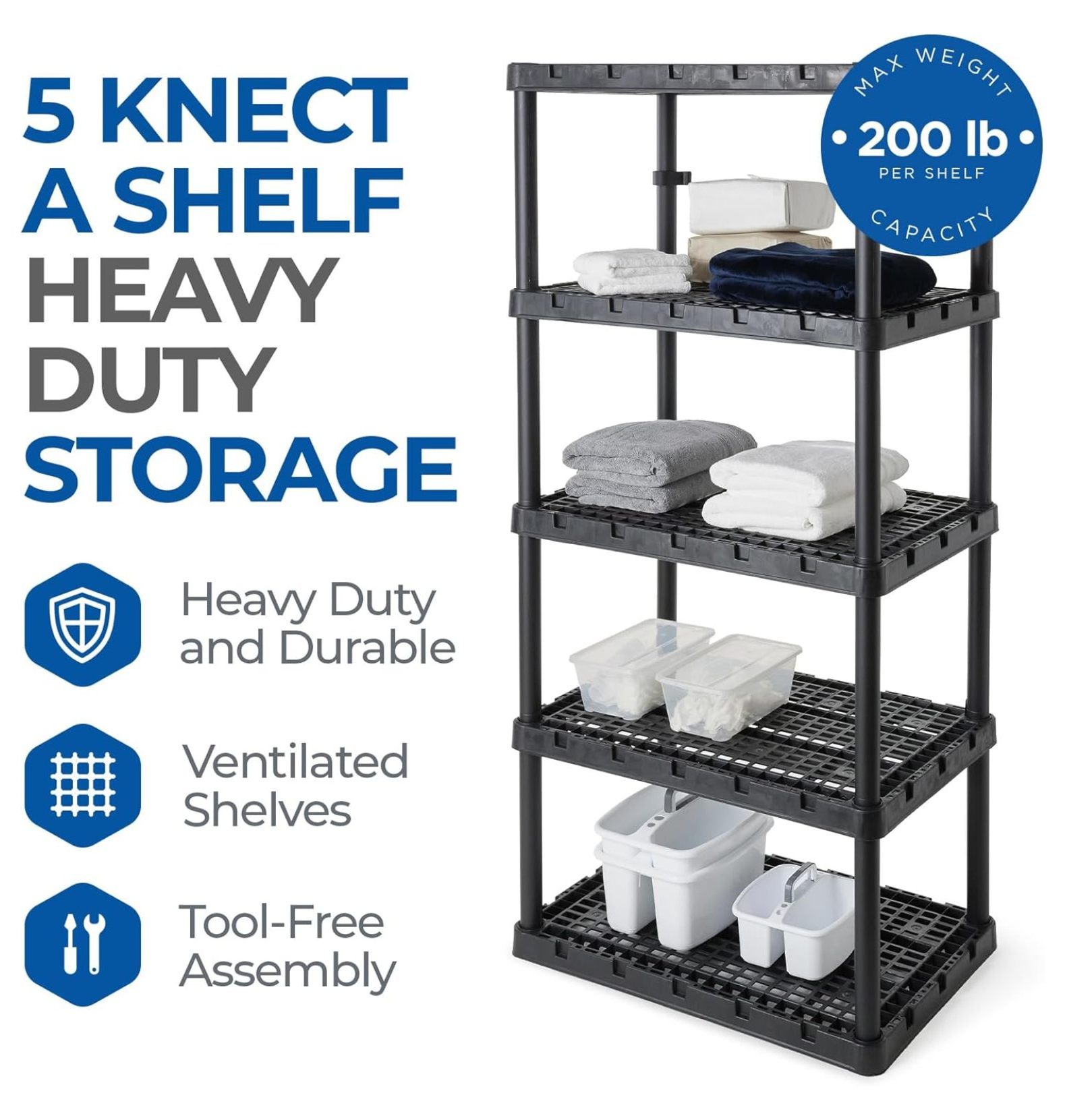 5 Shelf Knect-A-Shelf Ventilated Extra Heavy Duty Storage Unit Organizer System for Home, Garage, Basement, and Laundry, Black - Image 5