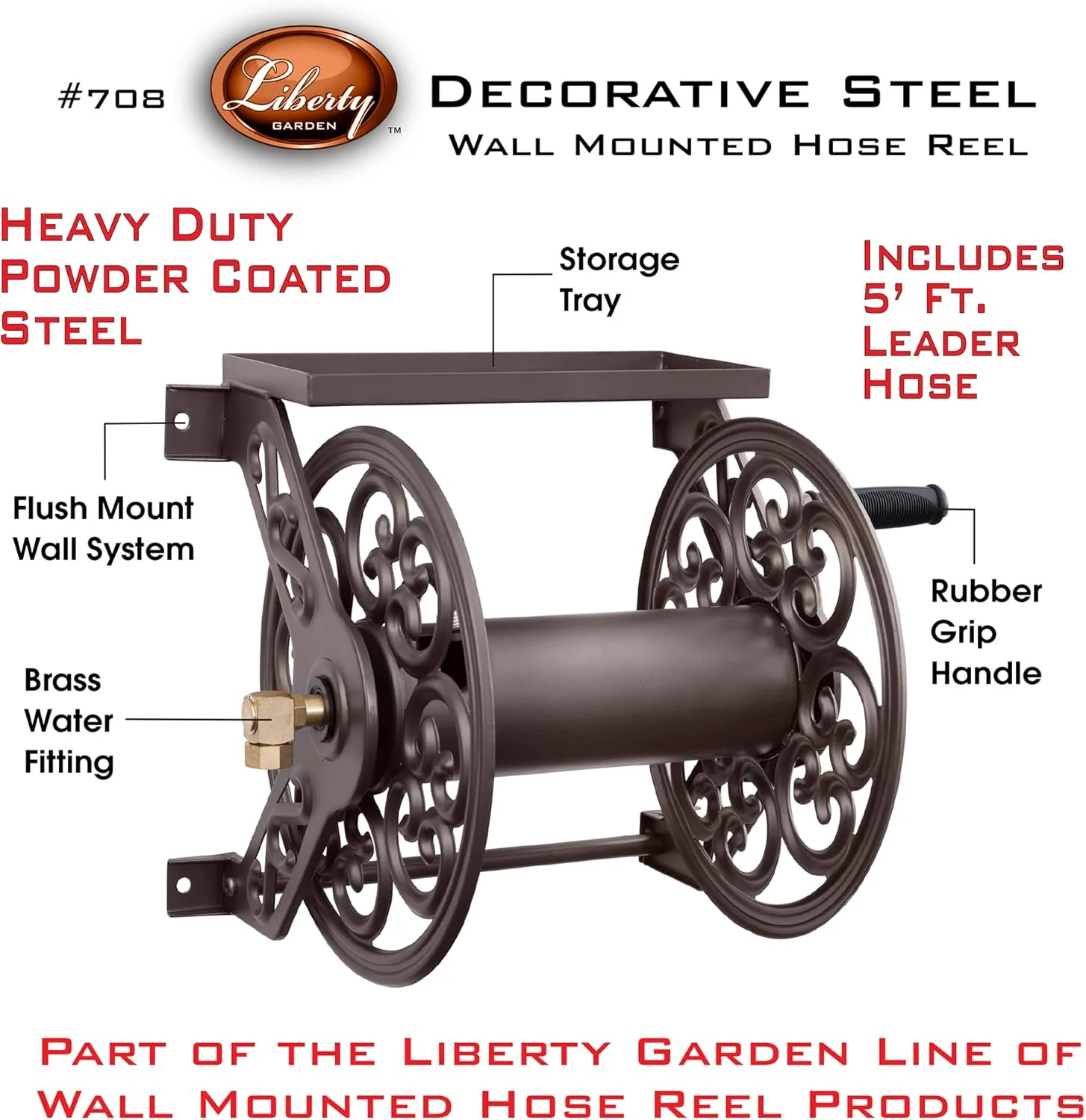 Steel Decorative Wall Mount Garden Hose Reel, Outdoor Garden Hose Storage Holder for Patio and Yard - Image 2