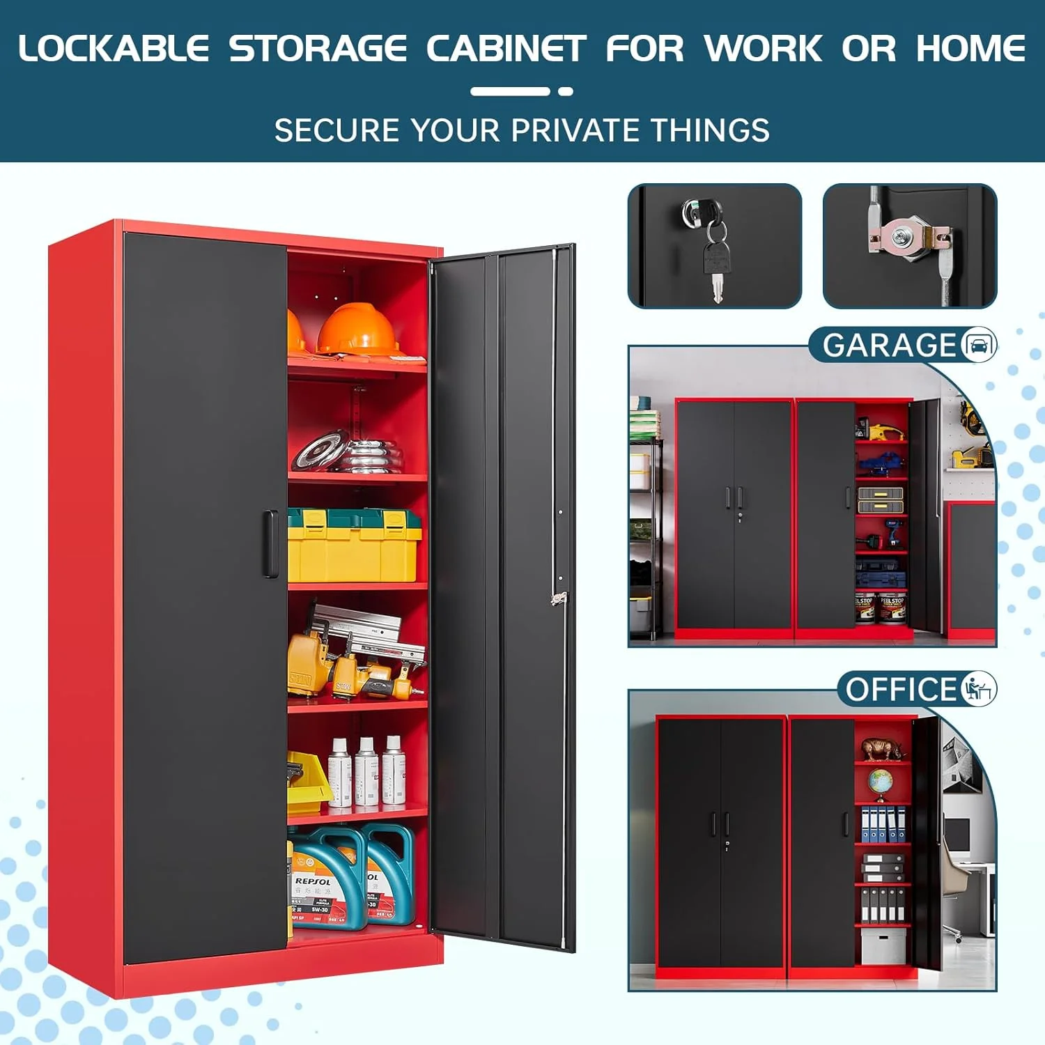 MIIIKO Metal Storage Cabinet with Locking Doors, Black Garage Lockable Steel Cabinets with 4 Doors and 5 Shelves for Home, Garage, Pantry Workshop Warehouse - Image 38