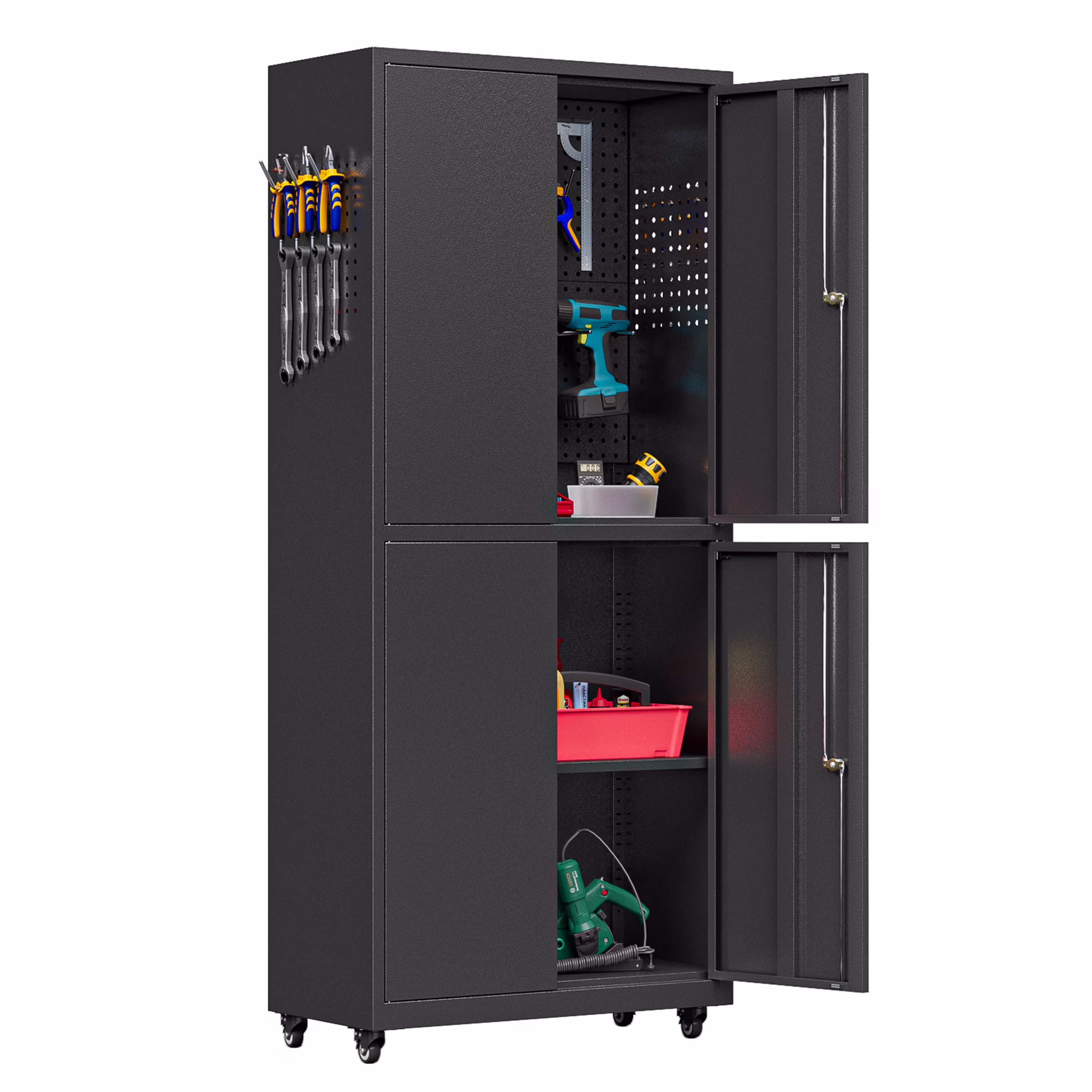 Metal Storage Cabinet with Wheels,Tool Storage Cabinet with Doors and Shelves Adjustable,Heavy Duty Garage Storage Cabinet,Steel Locking Storage Cabinet for Garage/Warehouse/Office/School/Home-Black - Image 3
