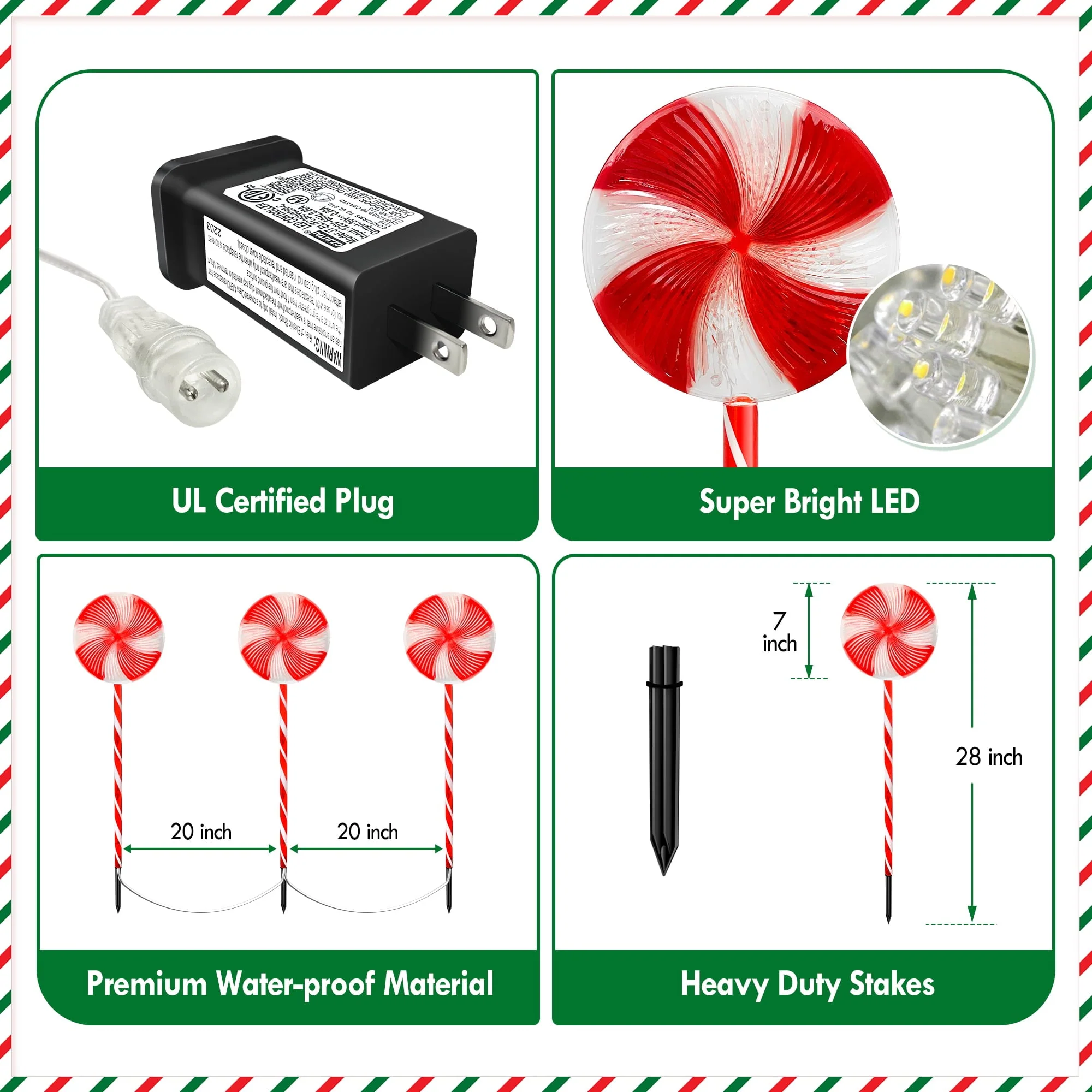 Set of 3 28inch Christmas Pathway Light Lollipop 8 Lighting Modes Flickering Candy Marker Waterproof Outdoor Christmas Decor Light - Image 7